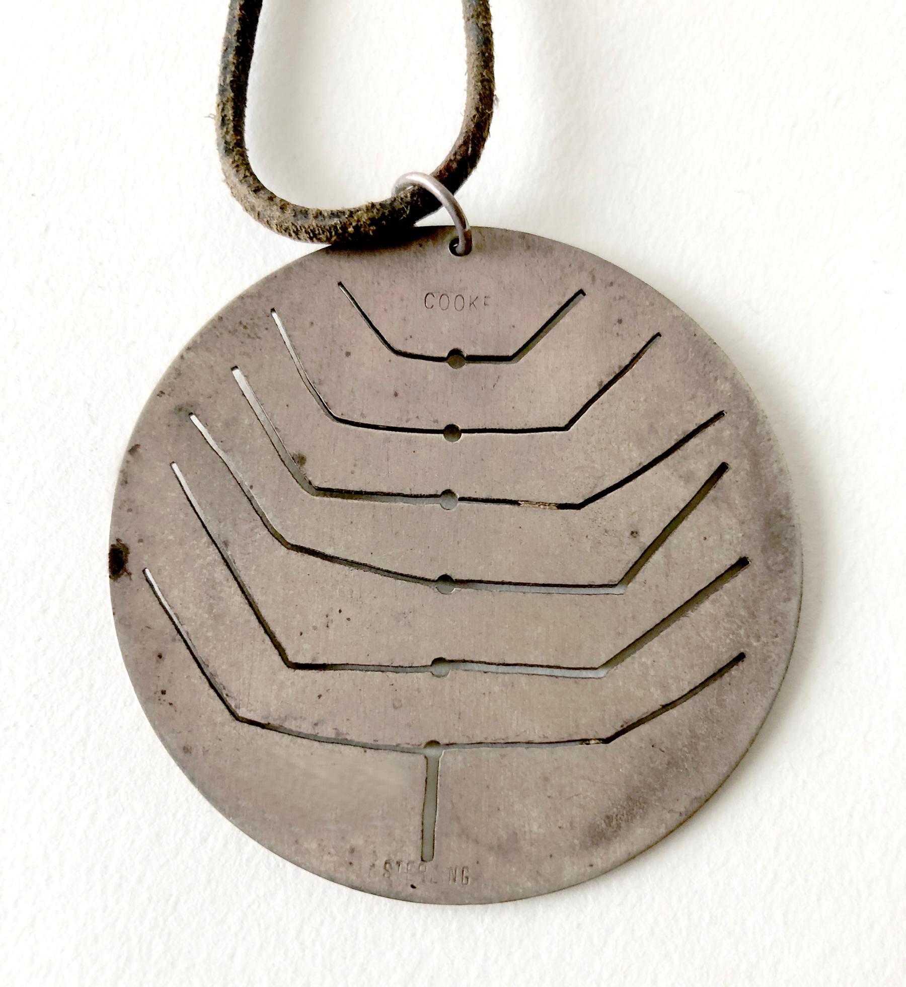 Modernist Early Betty Cooke Sterling Silver Pendant on Original Leather Cord