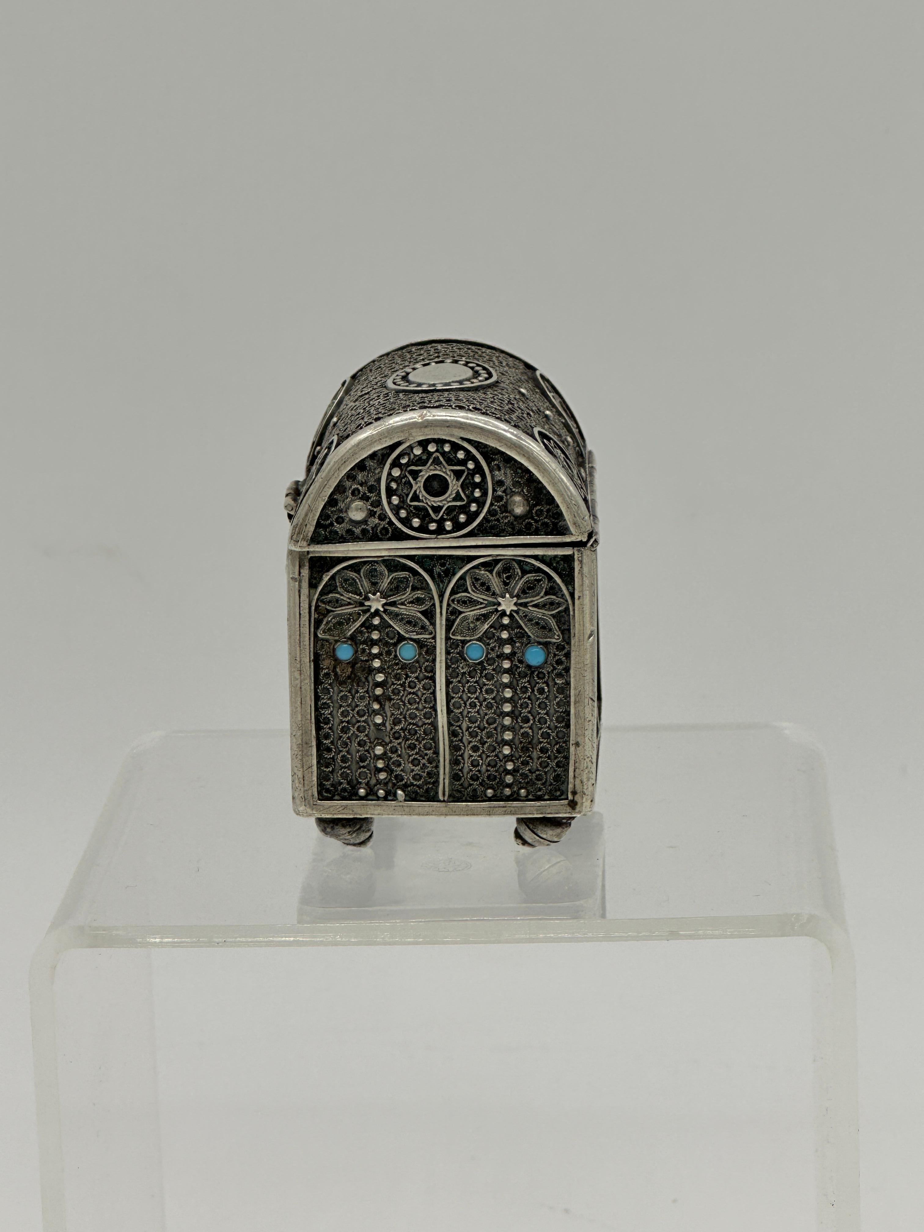 Arts and Crafts Early Bezalel Jerusalem Solid Silver Filigree Jewish Spice Container Havdalah For Sale