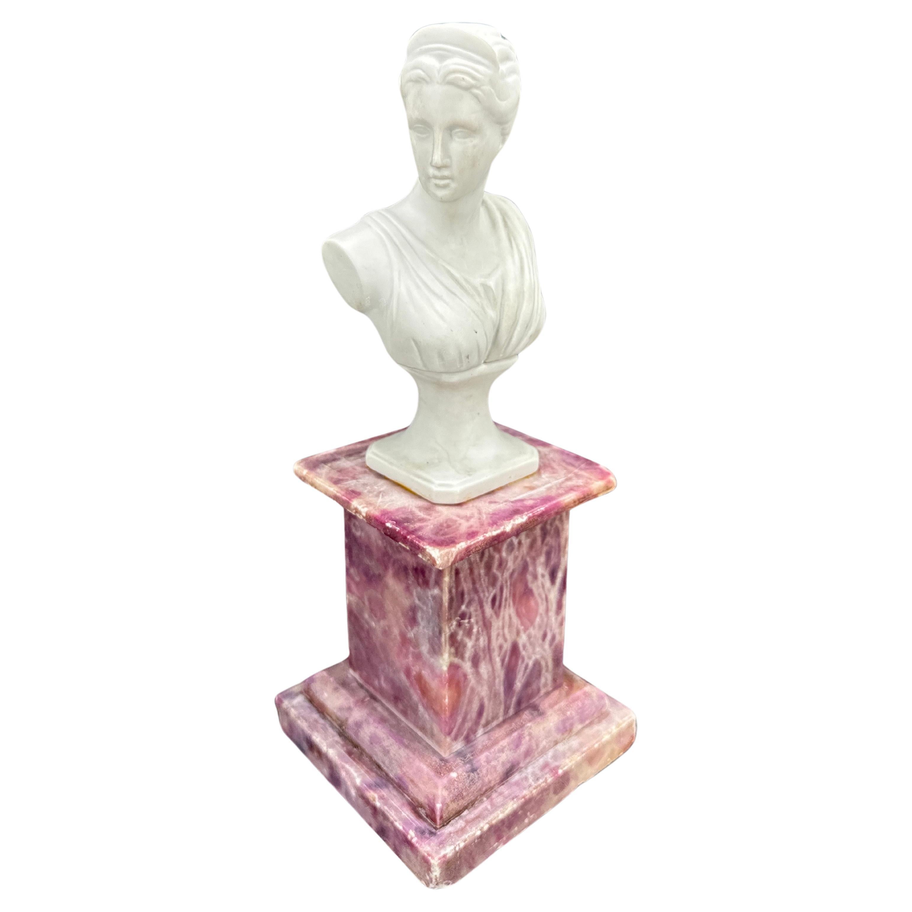 Early Biscuit Bust of Lady on Red Vintage Marble Pedestal