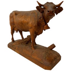 Early Black Forest Carved Wood Cow