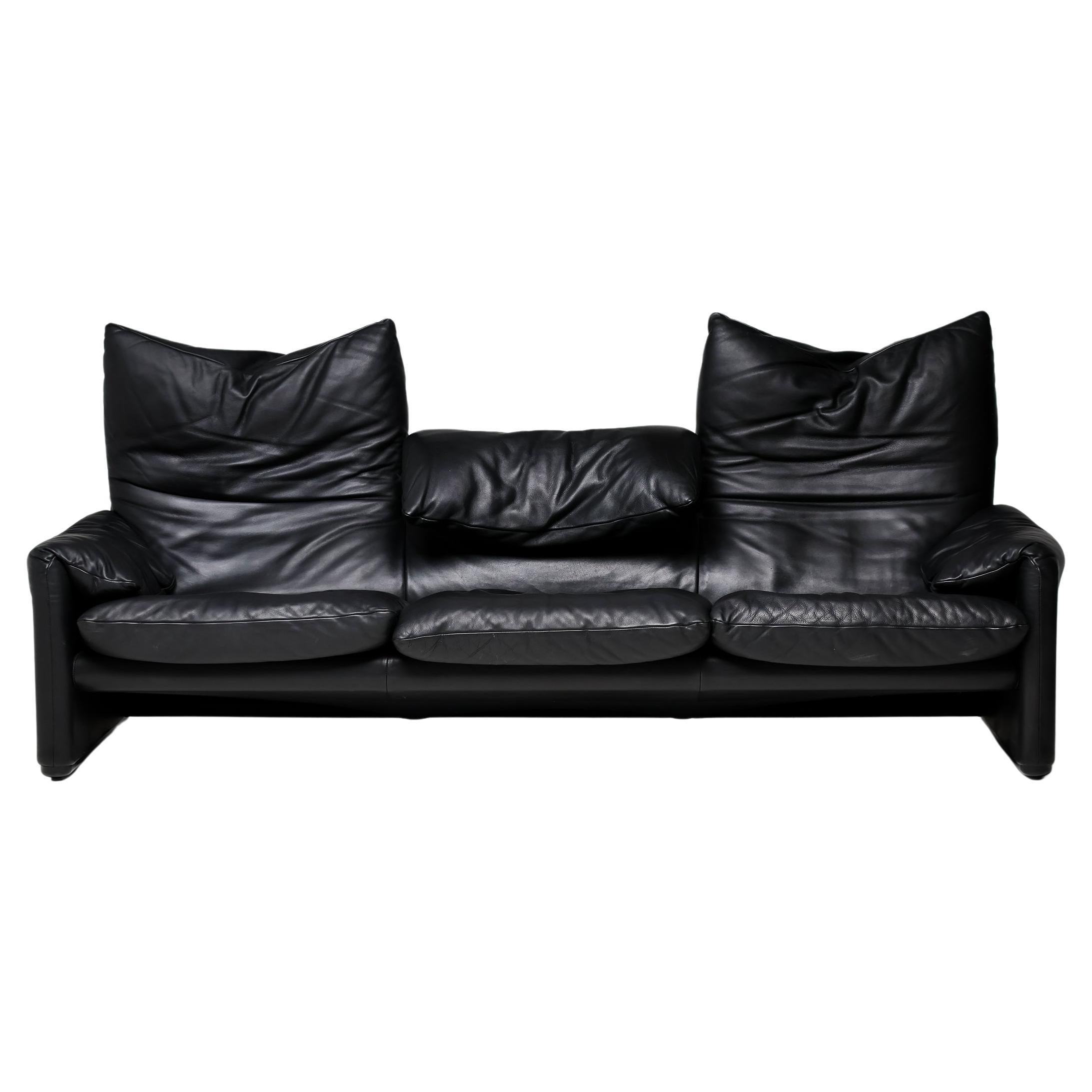 Early Black Leather Maralunga Sofa by Vico Magistretti for Cassina