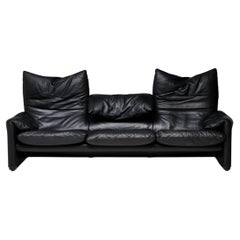 Early Black Leather Maralunga Sofa by Vico Magistretti for Cassina