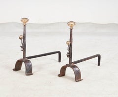 Early Blacksmith Forged Andirons with Polished Bronze Finials