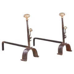 Early Blacksmith Forged Andirons with Polished Bronze Finials