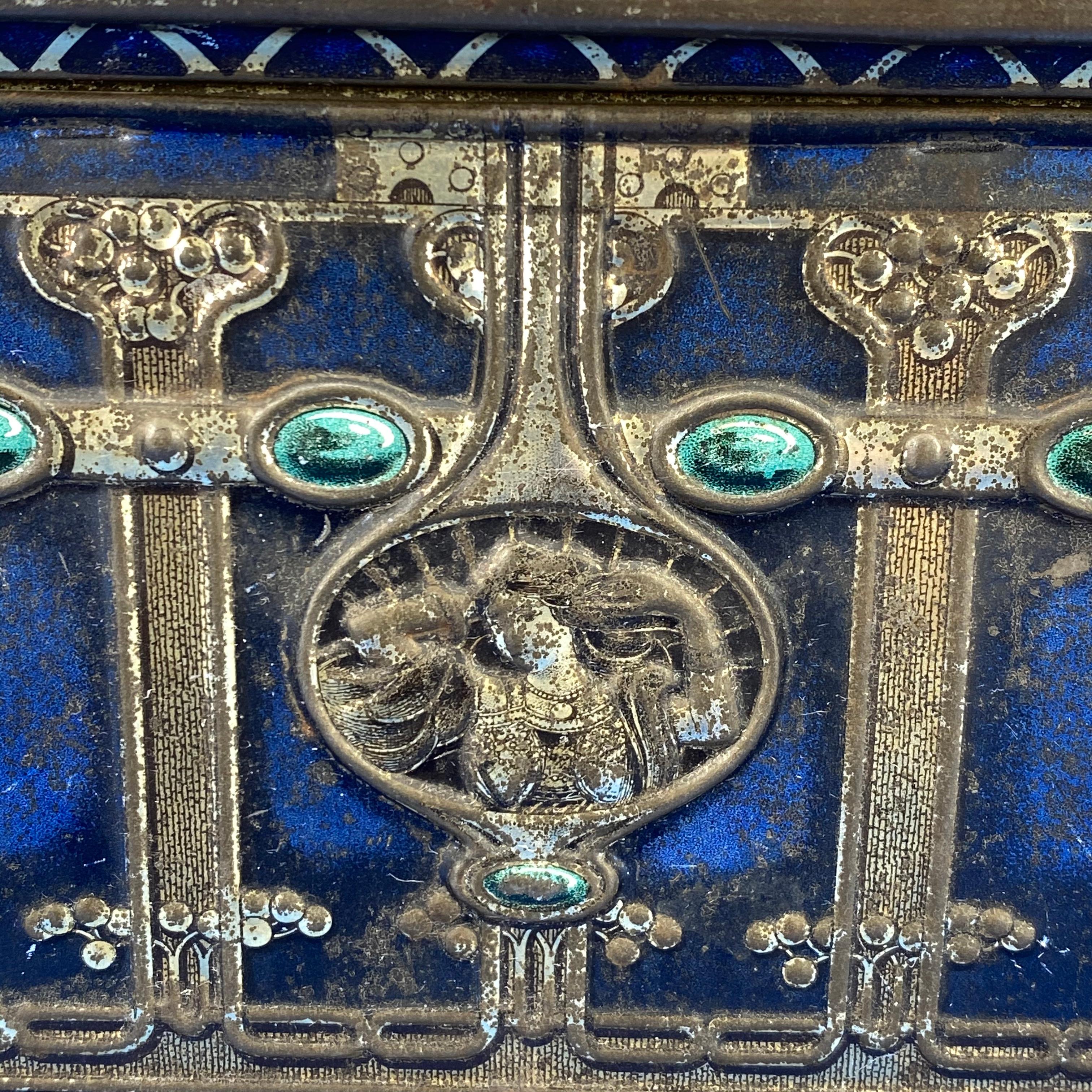 Tin Early Blue American Toleware Tobacco Or Jewelry Box