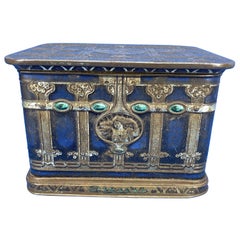 Antique Early Blue American Toleware Tobacco Or Jewelry Box
