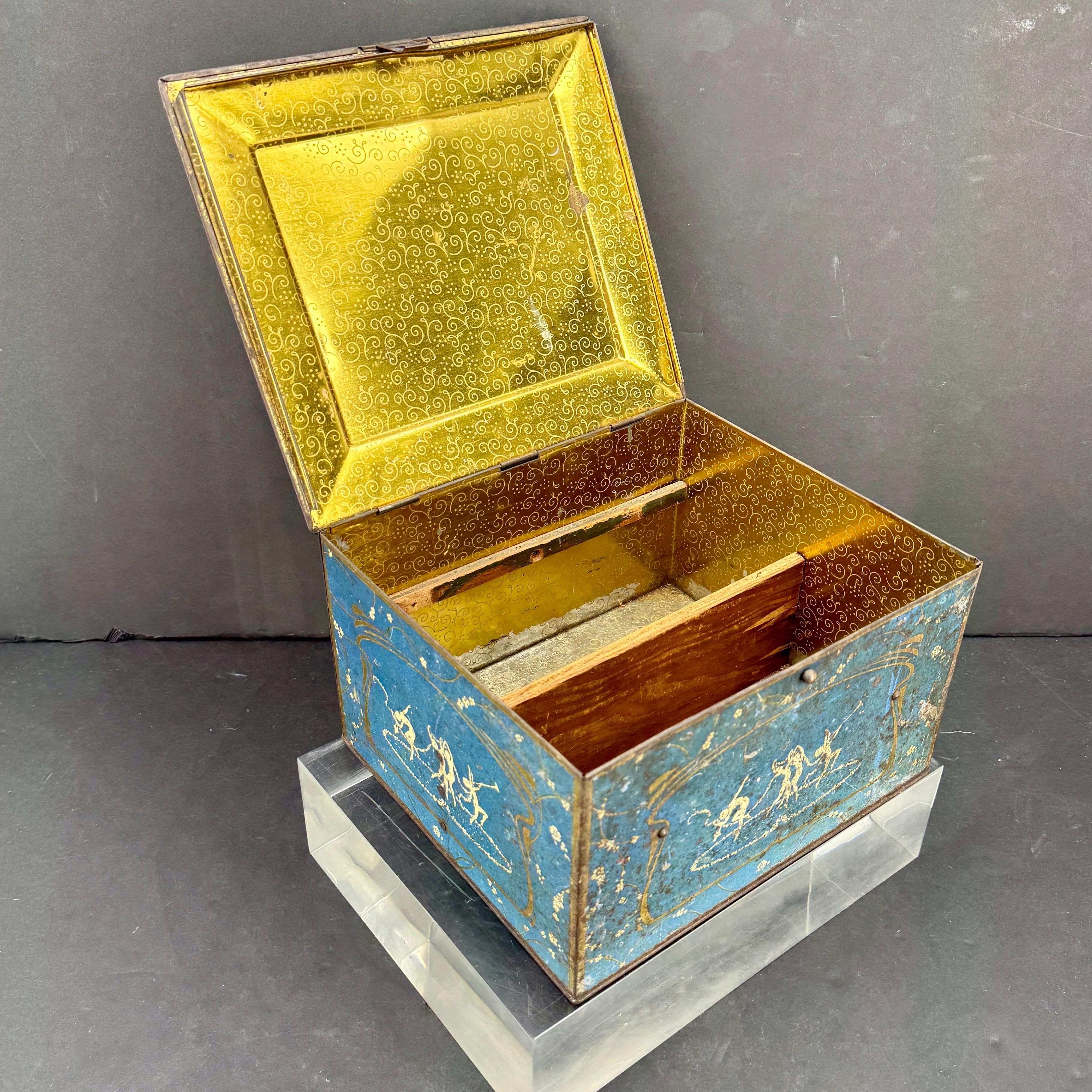 Early Blue Toleware Chicago Globe Soap Tin Bin Box For Sale 4