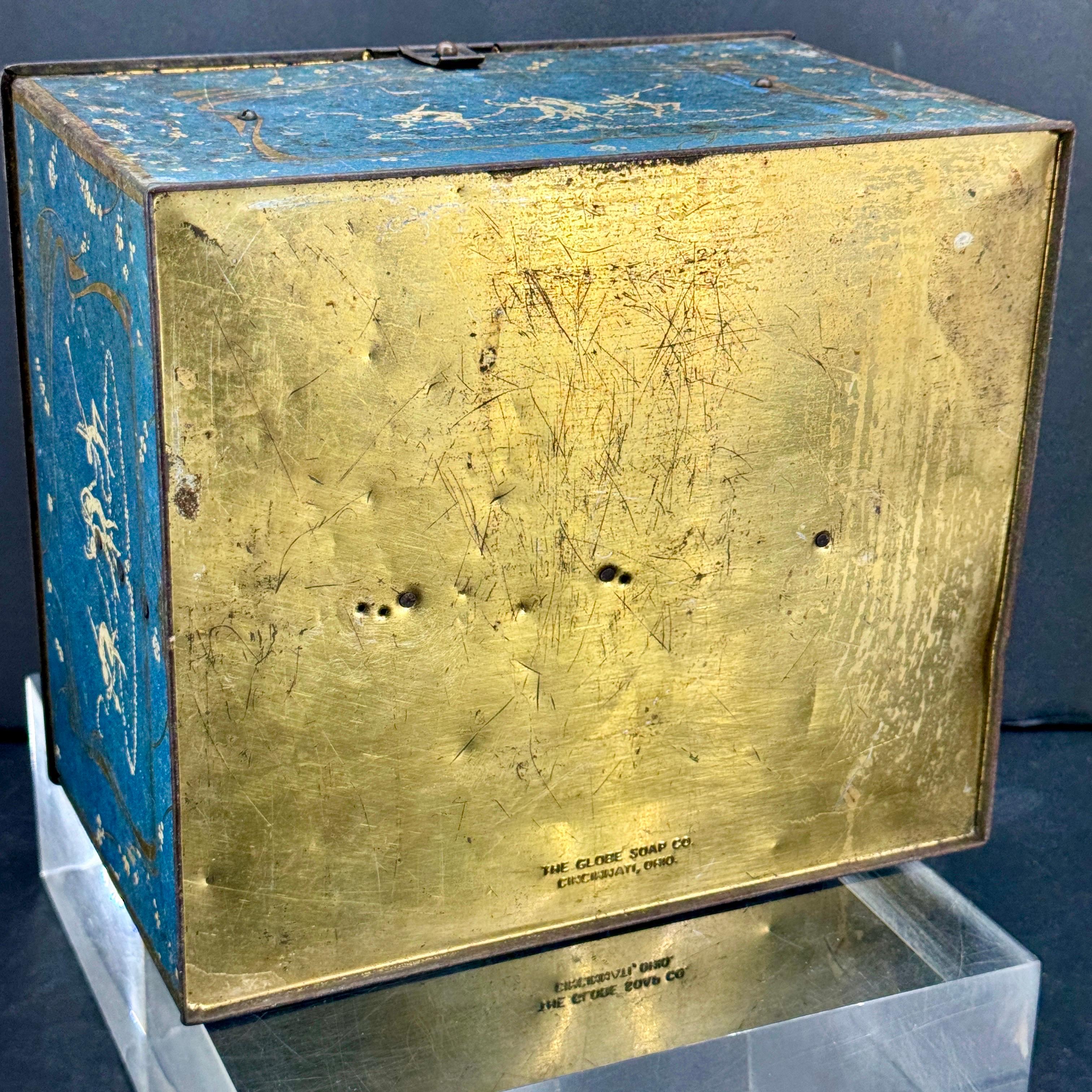 Early Blue Toleware Chicago Globe Soap Tin Bin Box For Sale 10