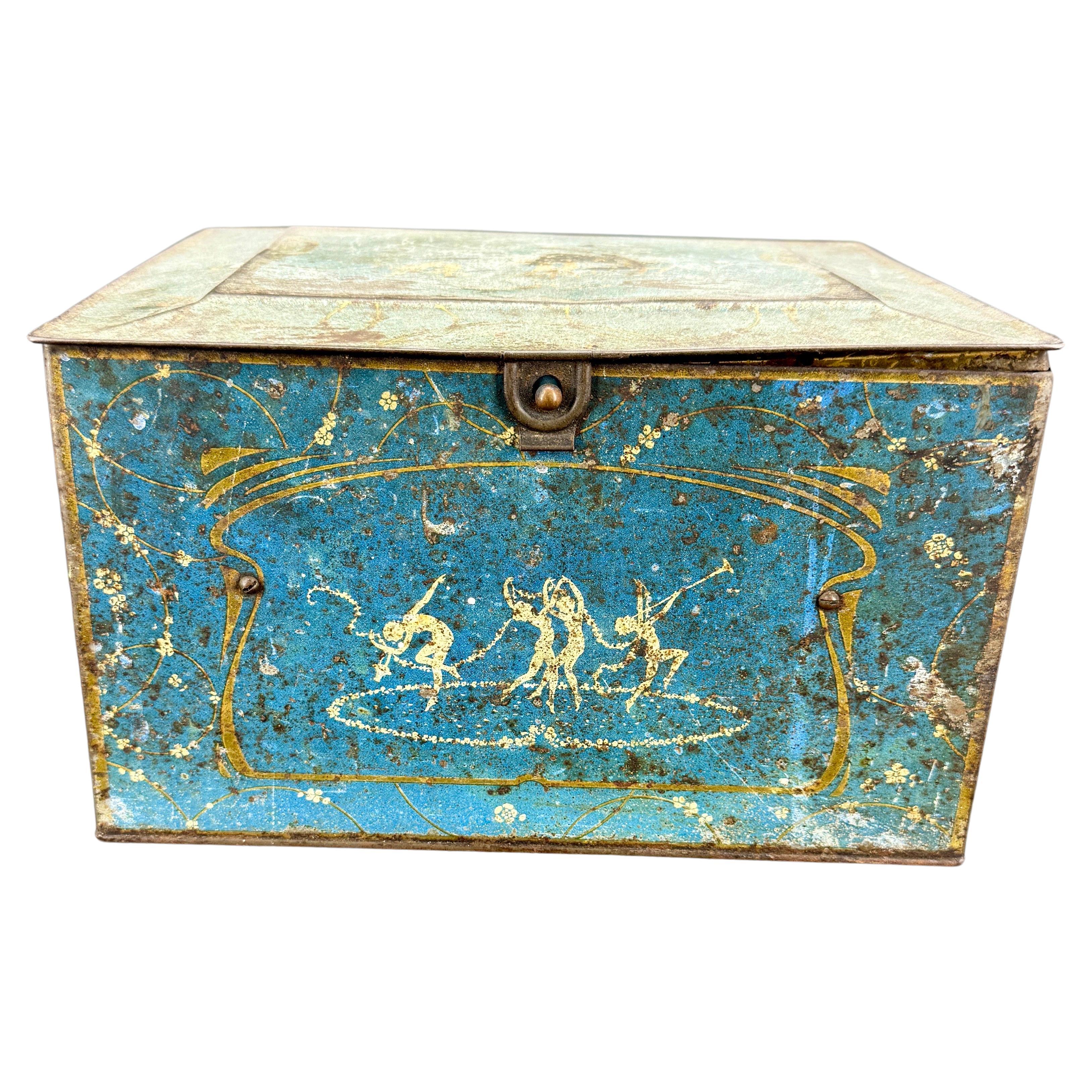 Large Rectangular Hand Painted Tin Bin Box by Chicago Globe Soap Company. The box is decorated with dancing Nymphs Fairies Nudes holding musically instruments.
