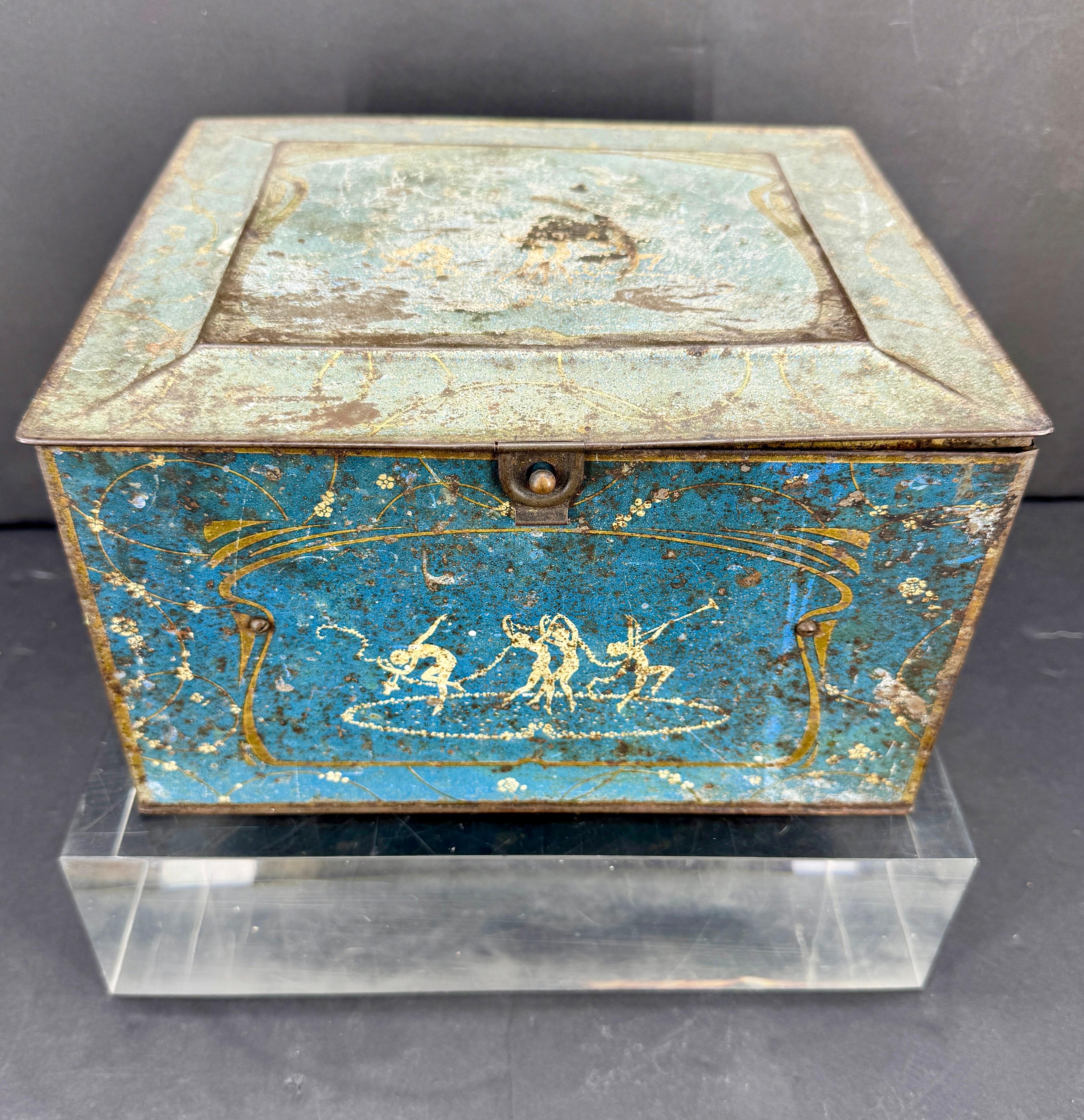 Neoclassical Early Blue Toleware Chicago Globe Soap Tin Bin Box For Sale