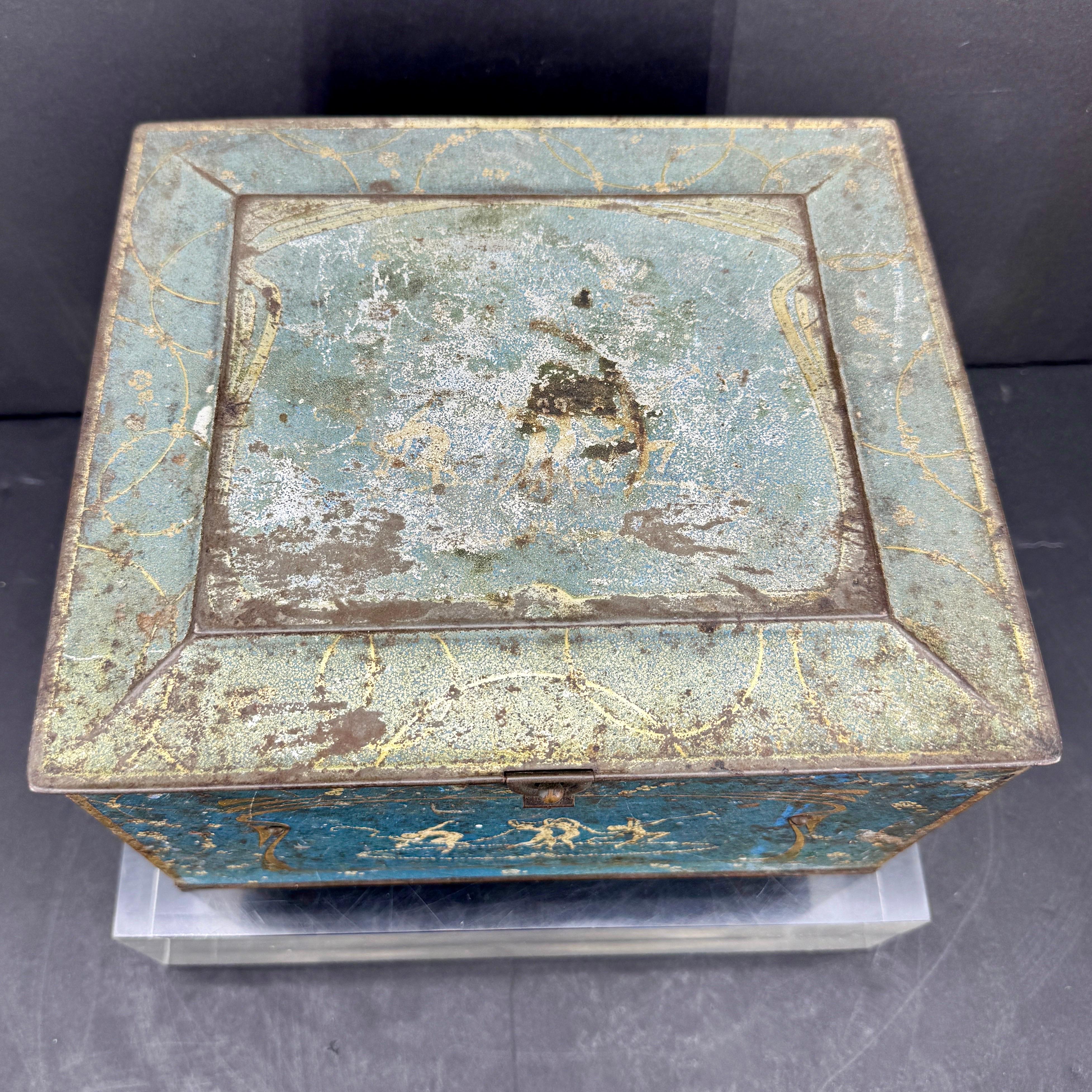 American Early Blue Toleware Chicago Globe Soap Tin Bin Box For Sale