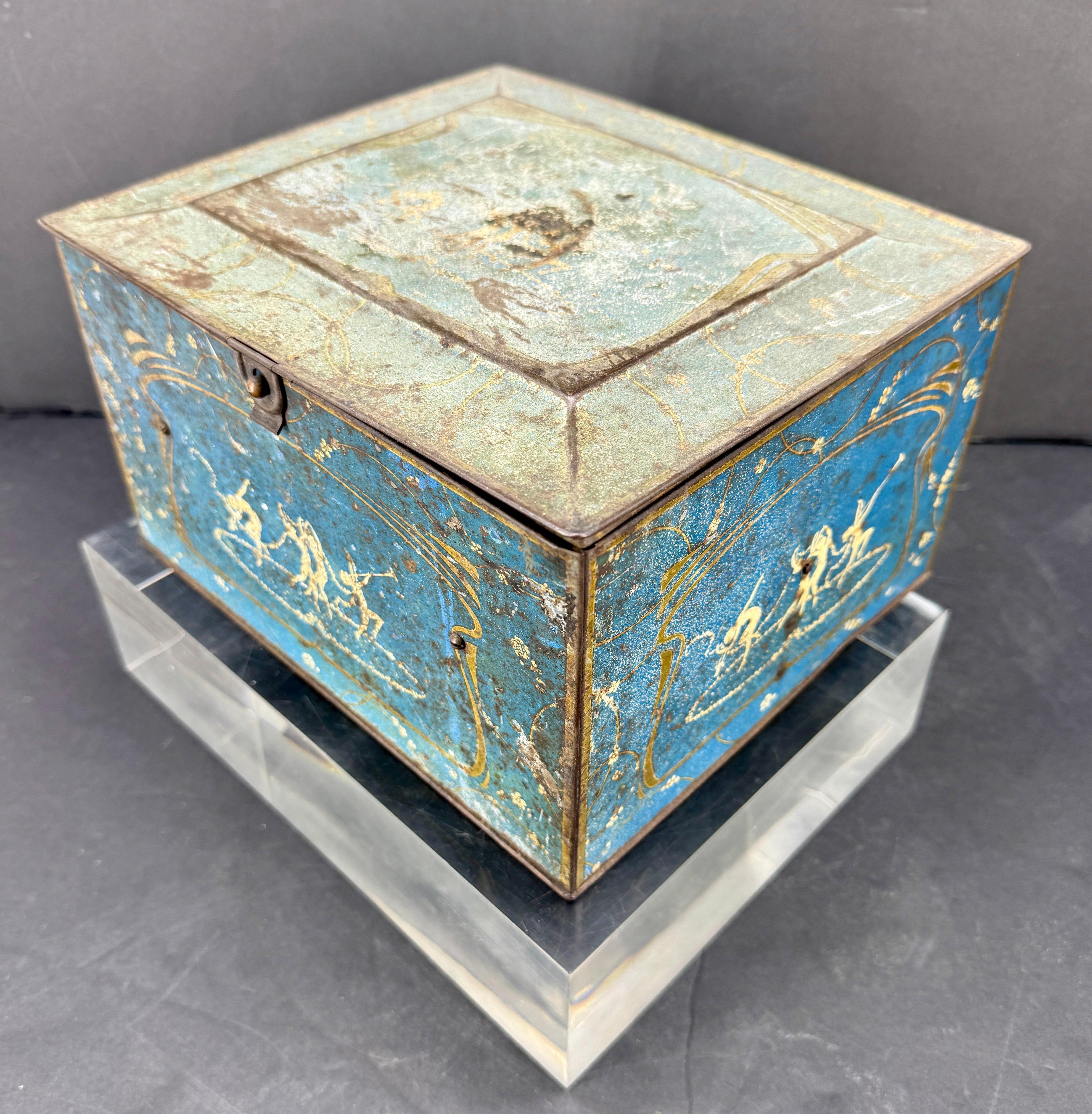 Hand-Painted Early Blue Toleware Chicago Globe Soap Tin Bin Box For Sale