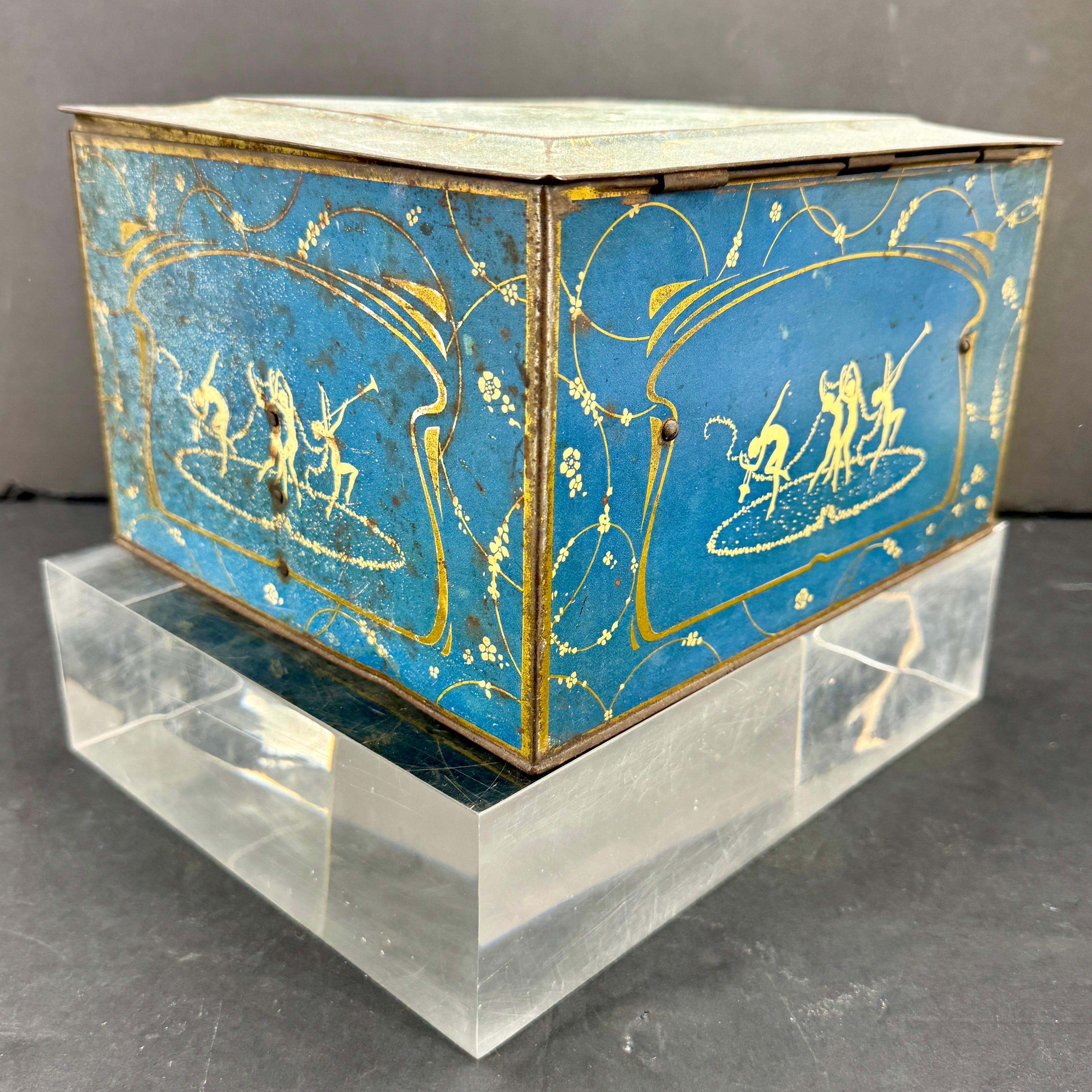 20th Century Early Blue Toleware Chicago Globe Soap Tin Bin Box For Sale
