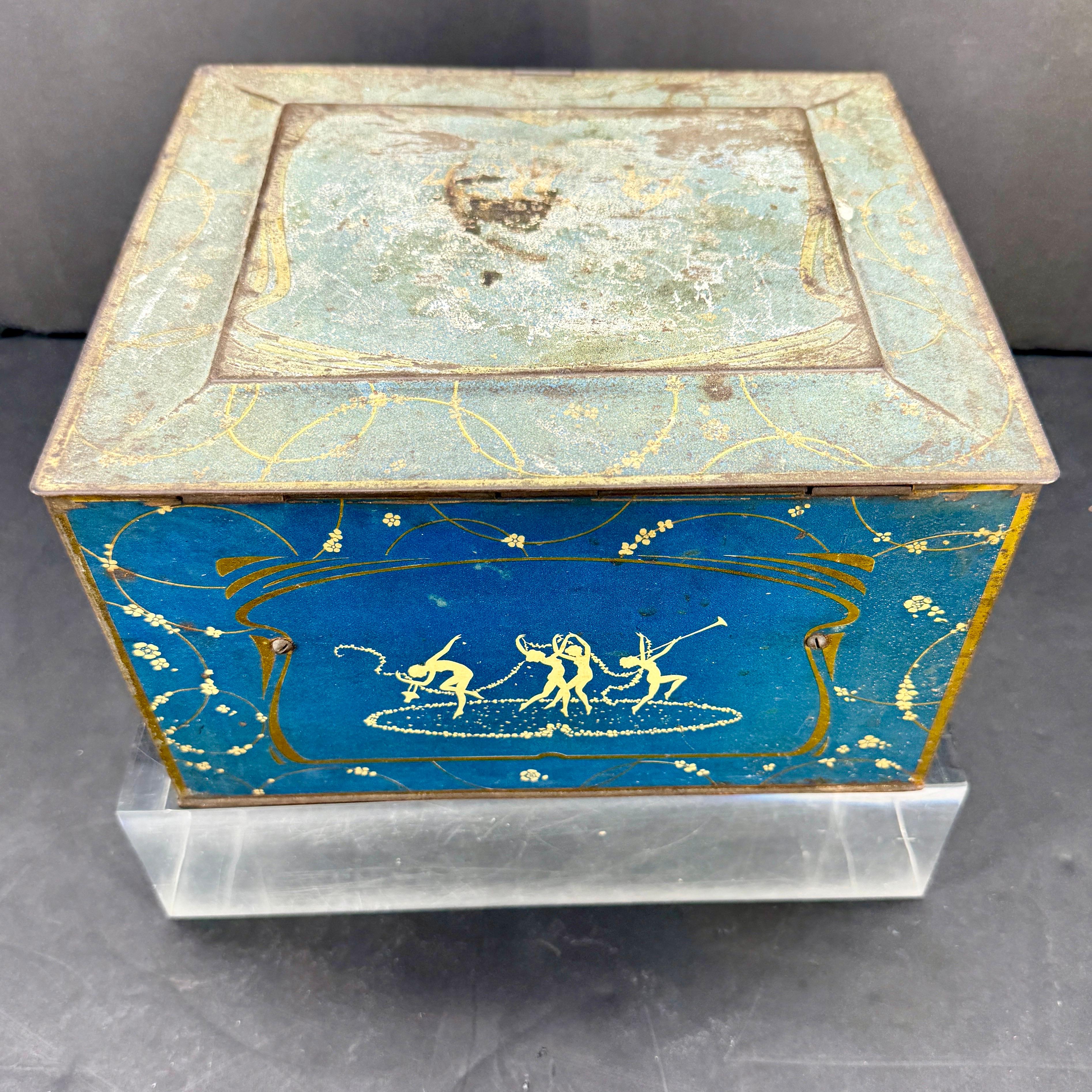 Sheet Metal Early Blue Toleware Chicago Globe Soap Tin Bin Box For Sale