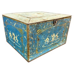 Antique Early Blue Toleware Chicago Globe Soap Tin Bin Box
