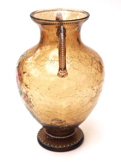 Early Bohemian Crackle Glass  Moser Two Handled Enamel Vase, 1885