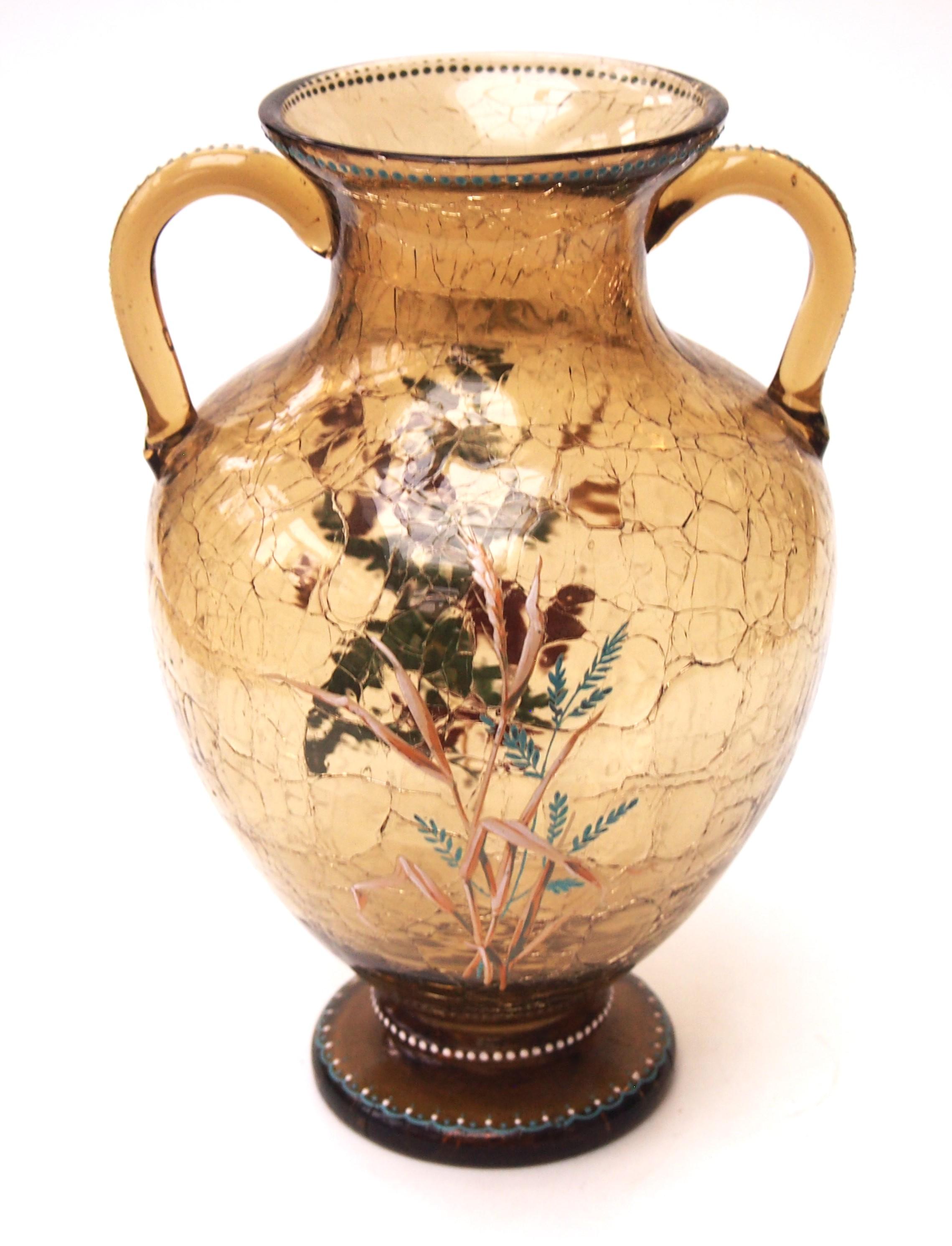 Arts and Crafts Early Bohemian Crackle Glass  Moser Two Handled Enamel Vase, 1885 For Sale