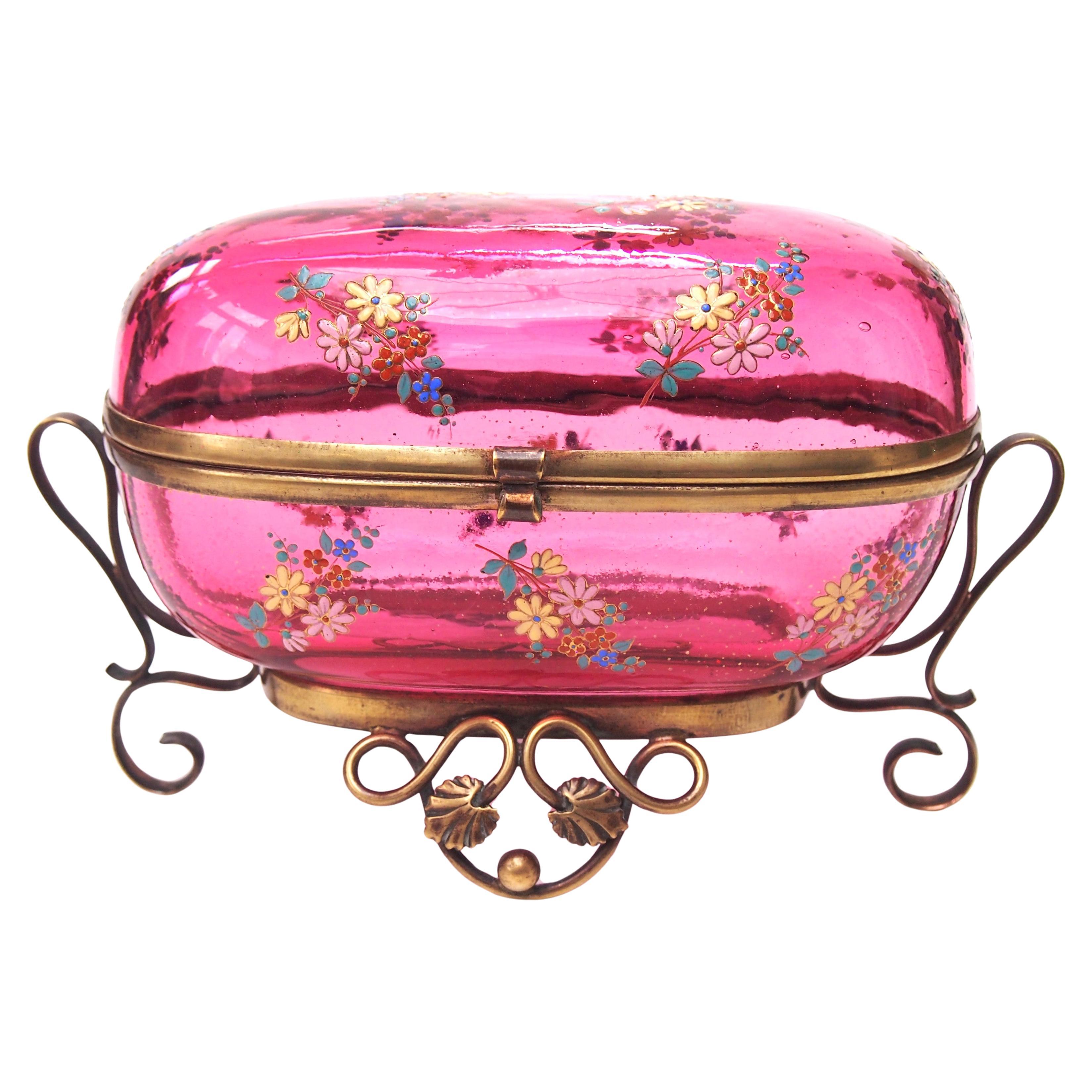 Early Bohemian Enamel Moser large, Bronze Metal Mounted Box and Lid, 1895