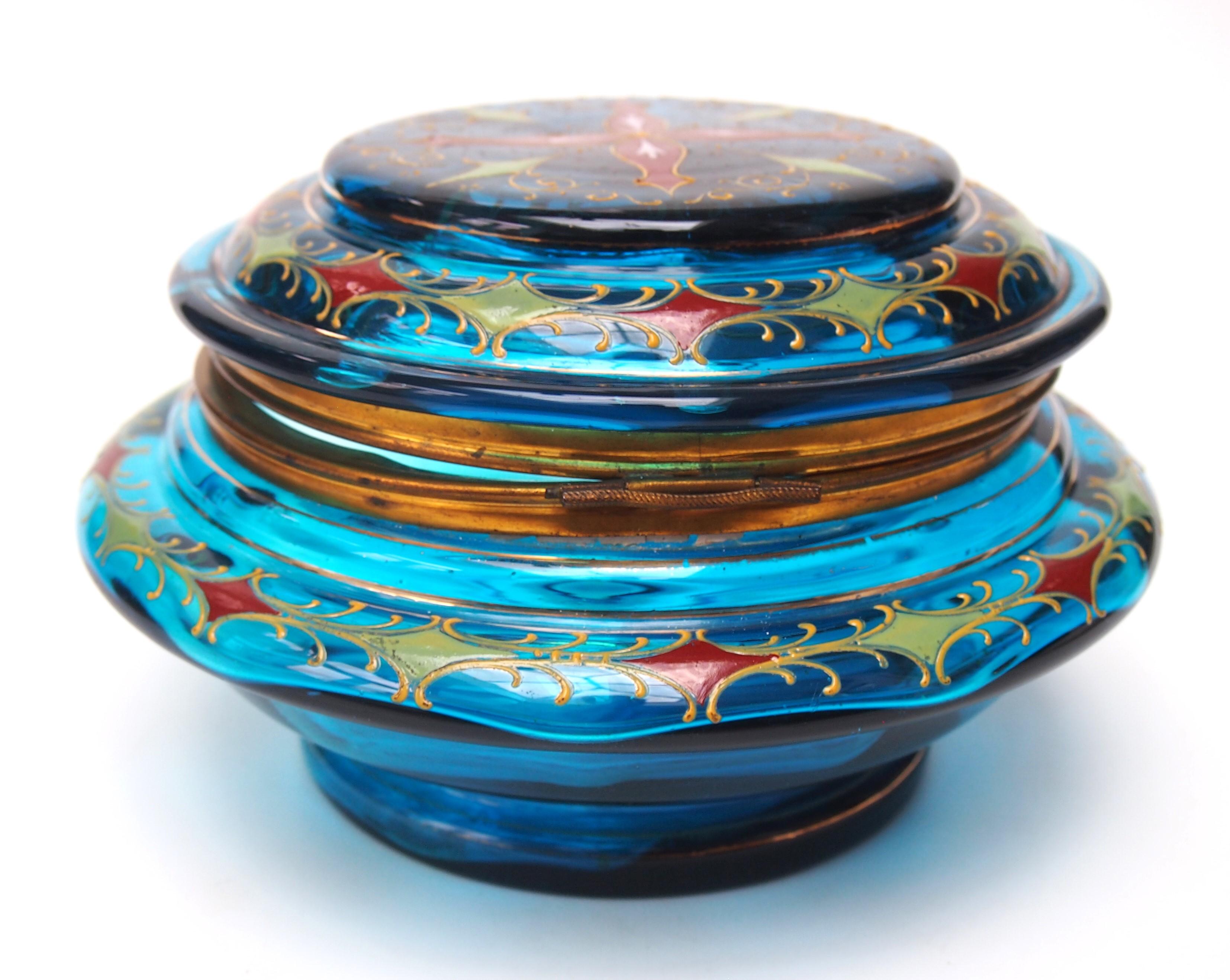 Czech Early Bohemian Enamel Moser large, metal bound box and lid, 1895 For Sale