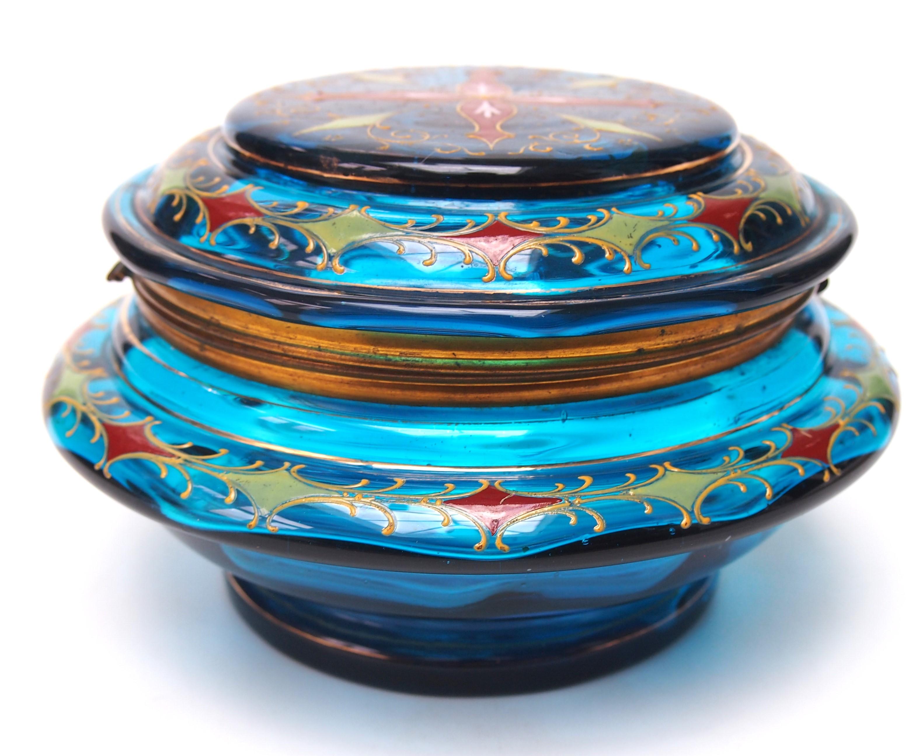 Early Bohemian Enamel Moser large, metal bound box and lid, 1895 In Fair Condition For Sale In Worcester Park, GB