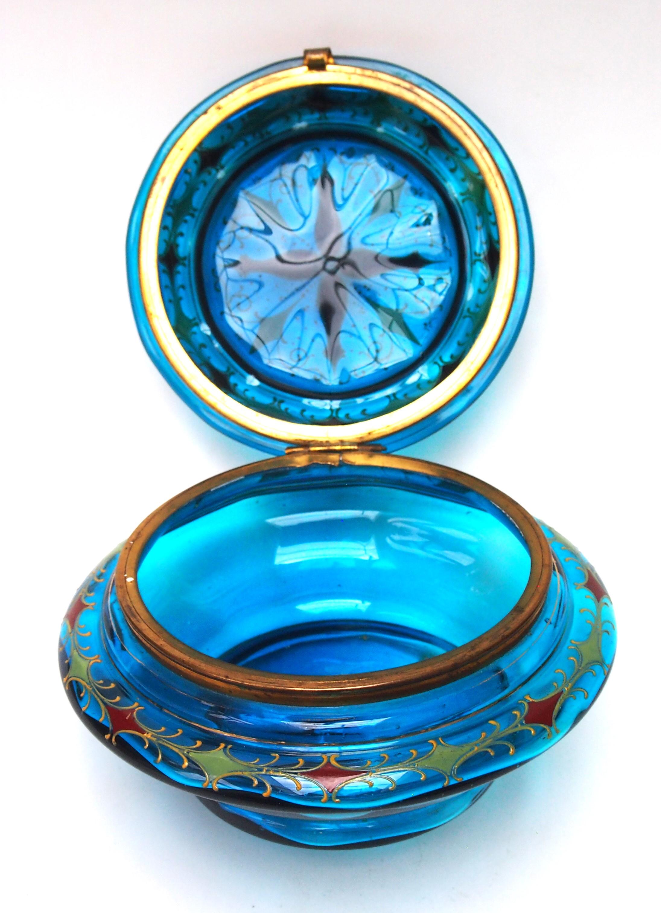 Art Glass Early Bohemian Enamel Moser large, metal bound box and lid, 1895 For Sale