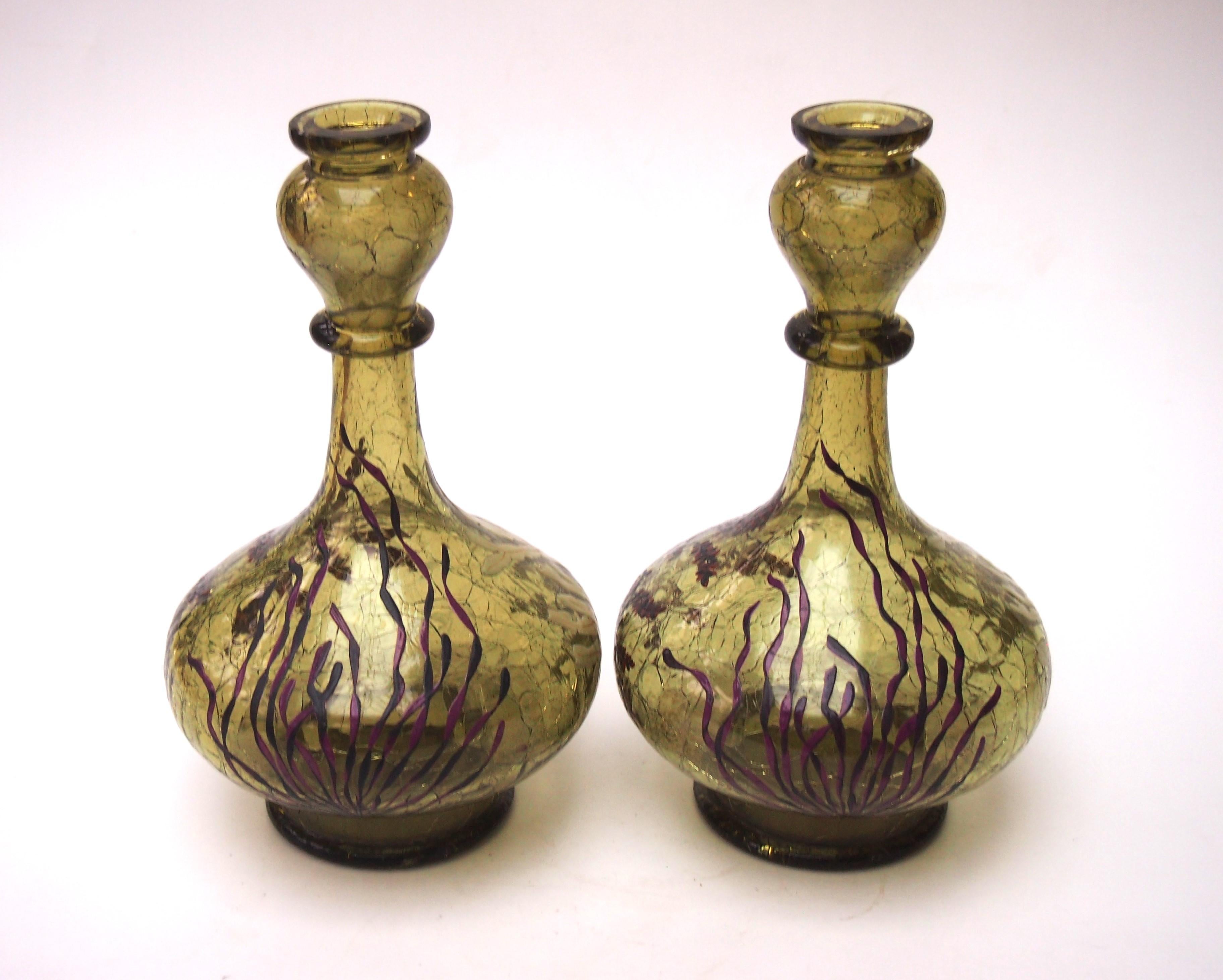 Czech Early Bohemian Pair of Crackle Glass Aquatic Enamelled Vases c1885