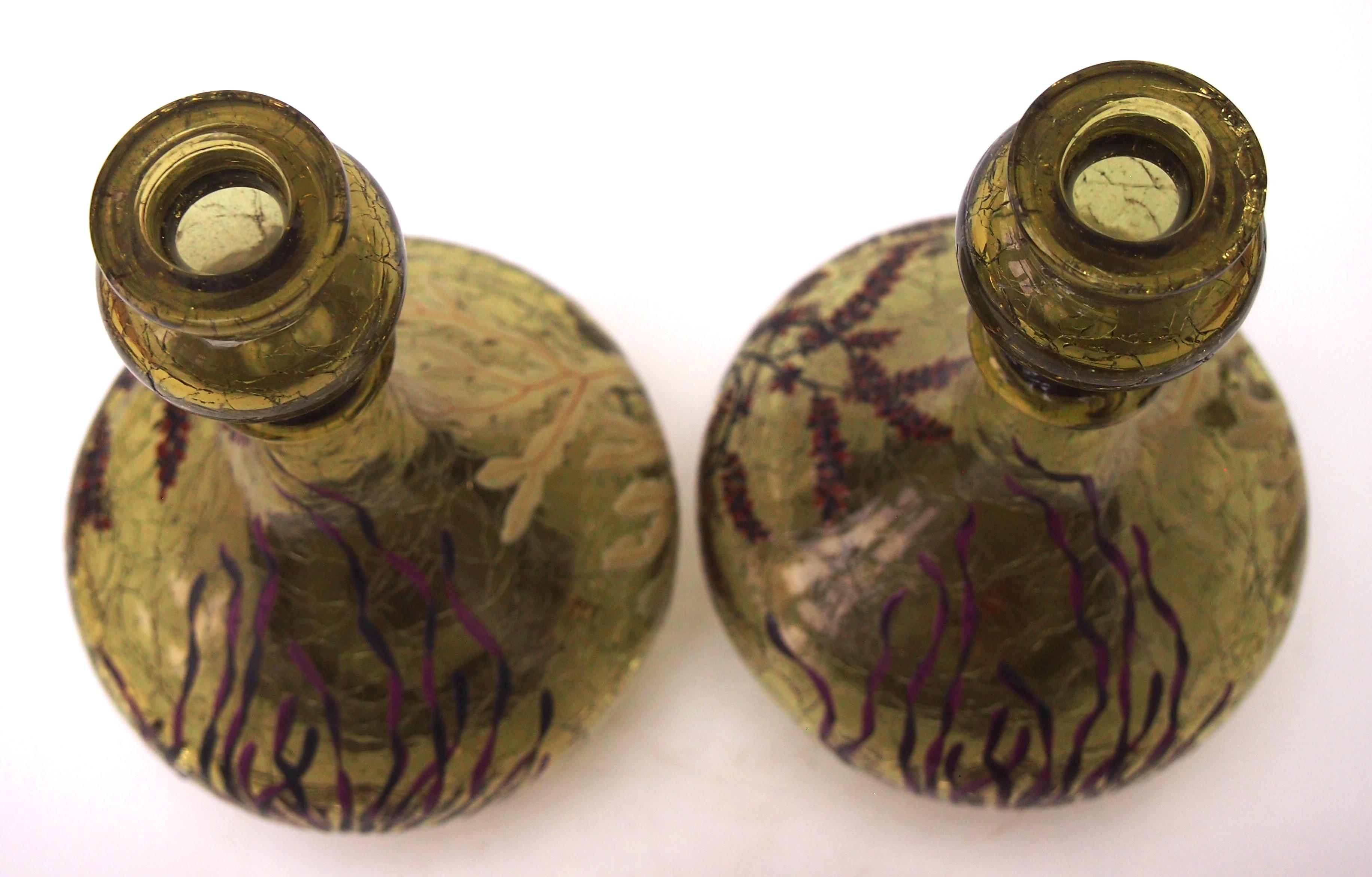 Early Bohemian Pair of Crackle Glass Aquatic Enamelled Vases c1885 In Good Condition In Worcester Park, GB