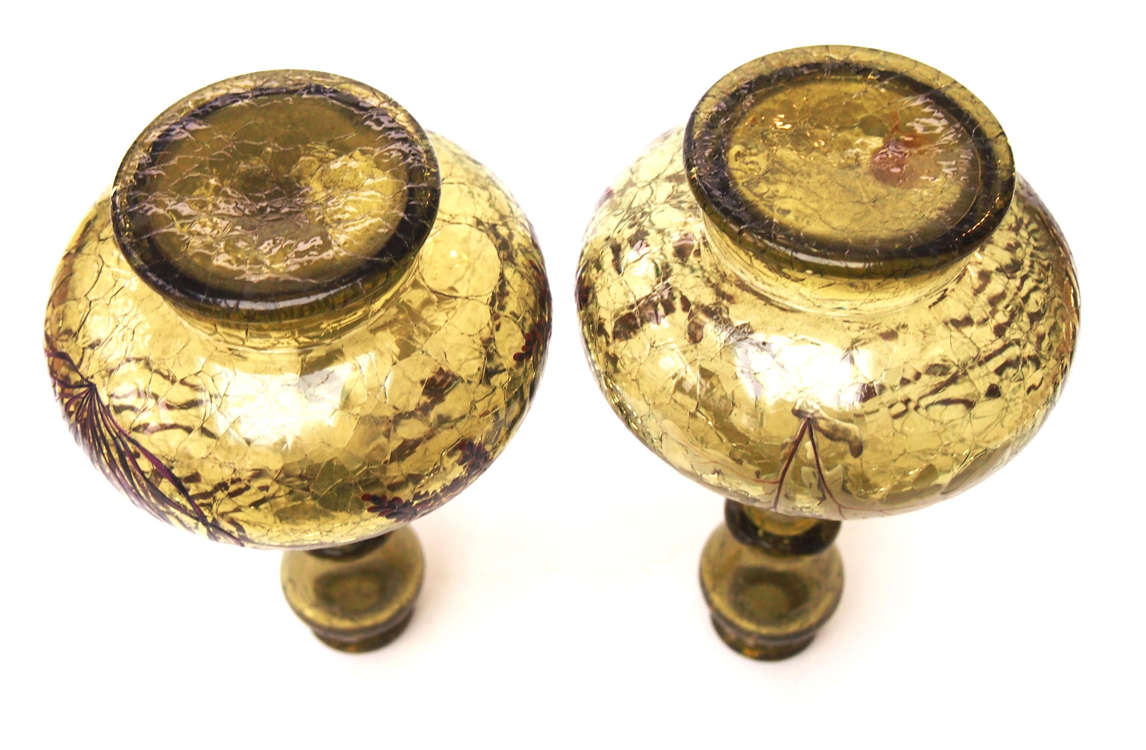 Late 19th Century Early Bohemian Pair of Crackle Glass Aquatic Enamelled Vases c1885