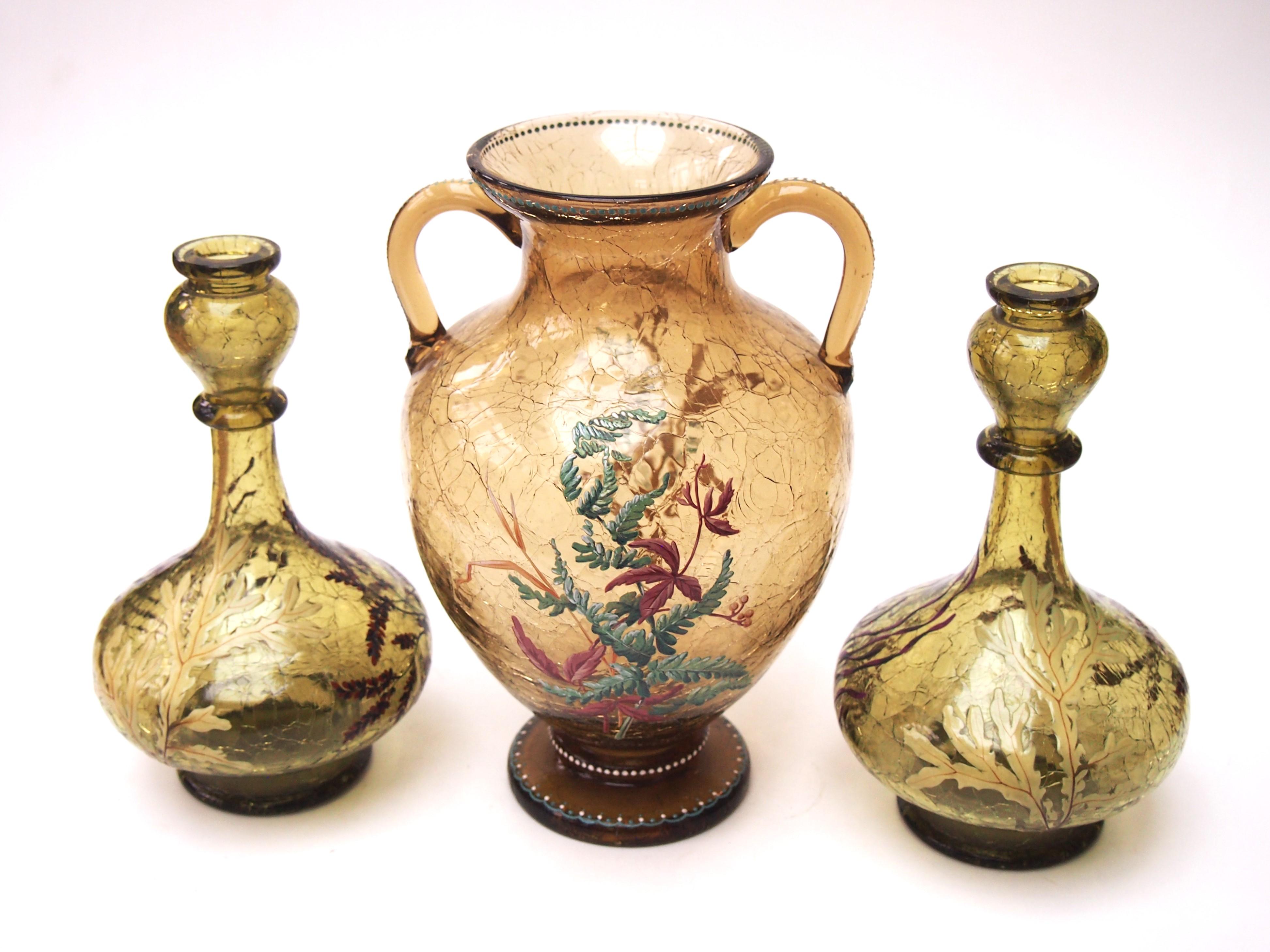 Early Bohemian Pair of Crackle Glass Aquatic Enamelled Vases c1885 1