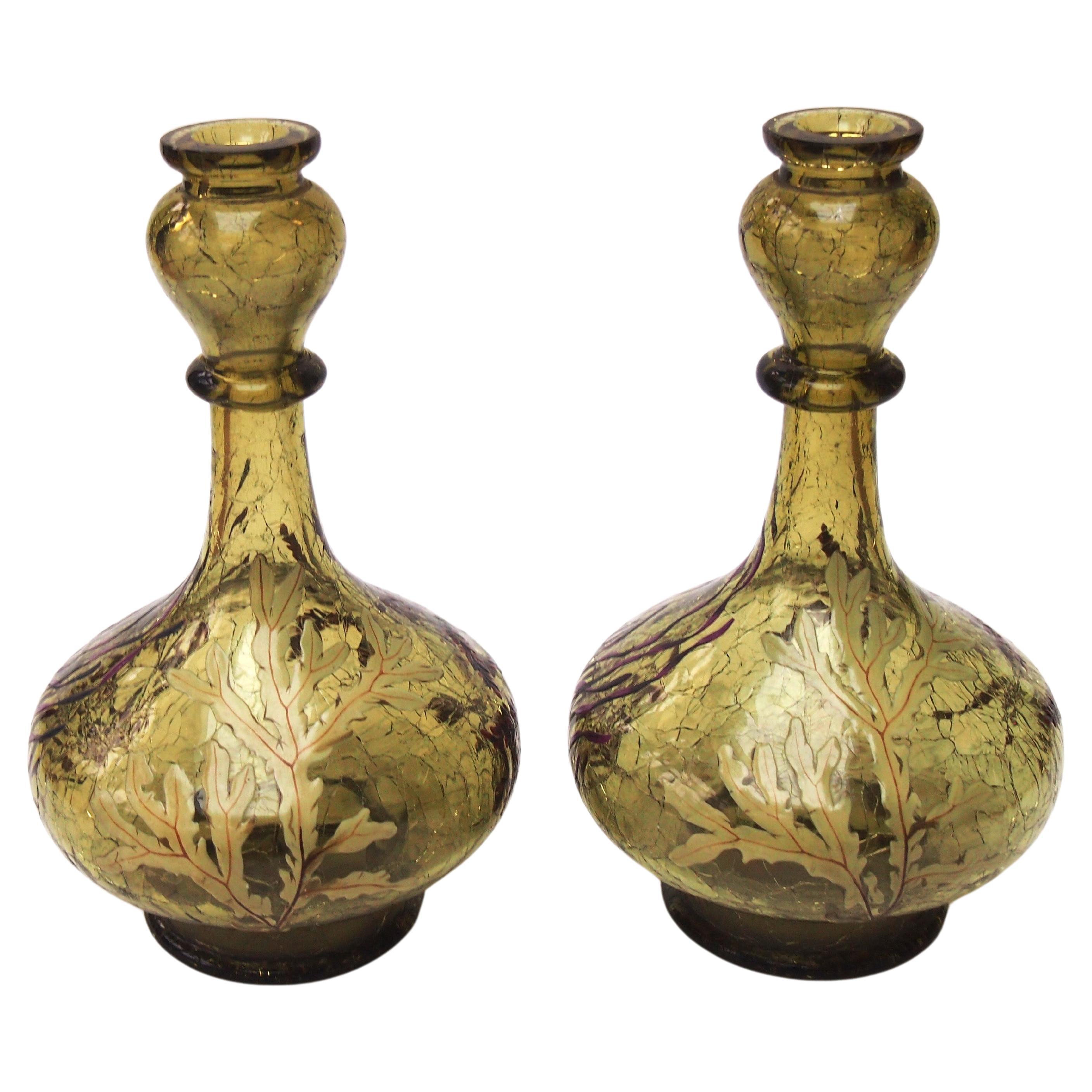 Early Bohemian Pair of Crackle Glass Aquatic Enamelled Vases c1885