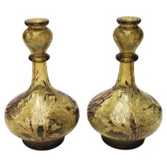 Antique Early Bohemian Pair of Crackle Glass Aquatic Enamelled Vases c1885