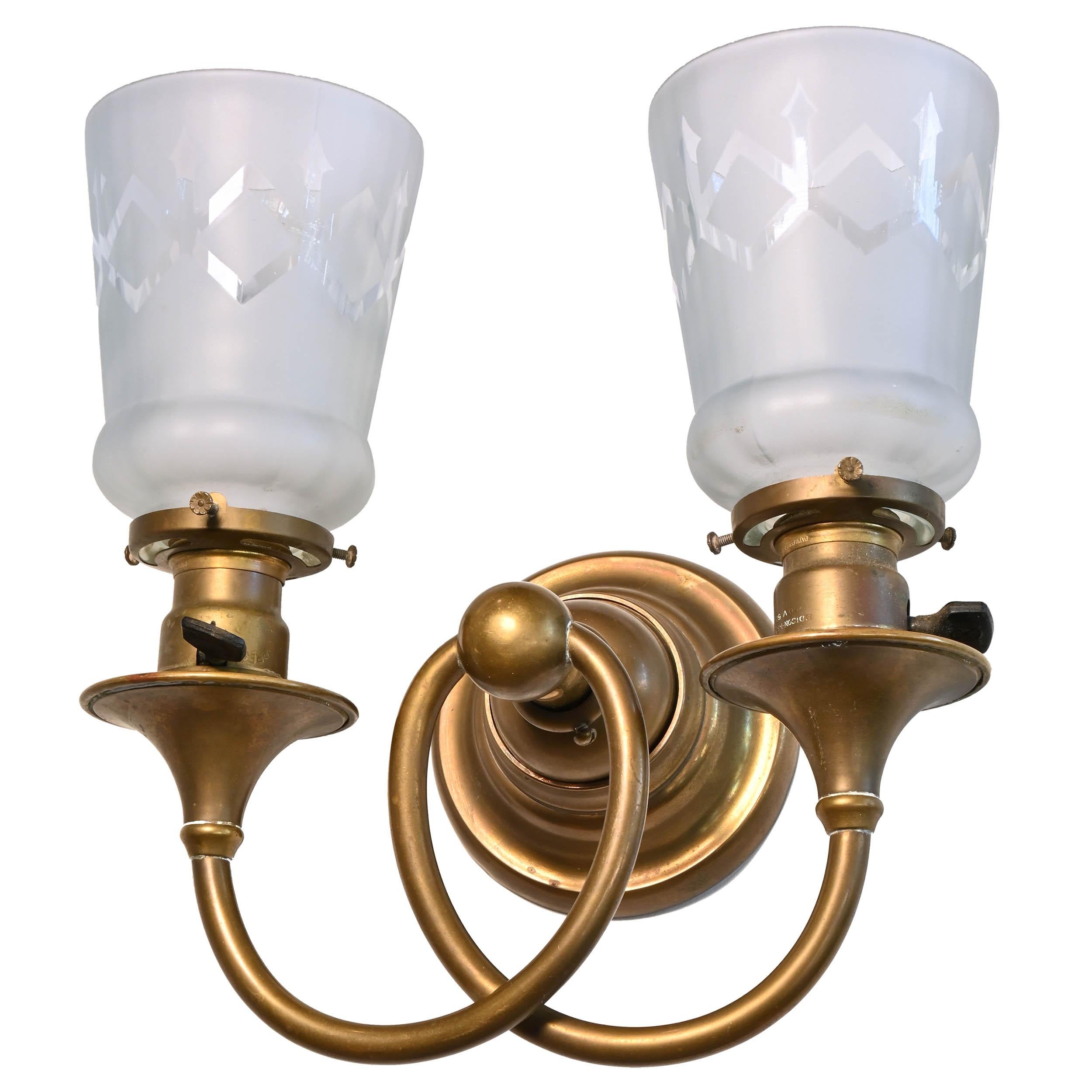 American Craftsman Early Bradley & Hubbard Sconce with Shades For Sale