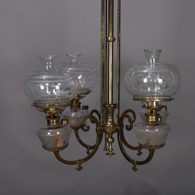Early Brass Kerosene 4Light Gas Chandelier, circa 1870 at 1stDibs