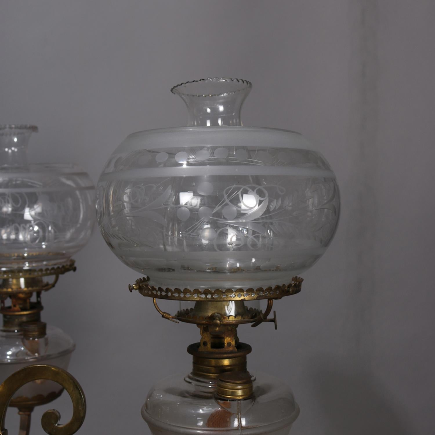 Early Brass Kerosene 4-Light Gas Chandelier, circa 1870 In Good Condition In Big Flats, NY
