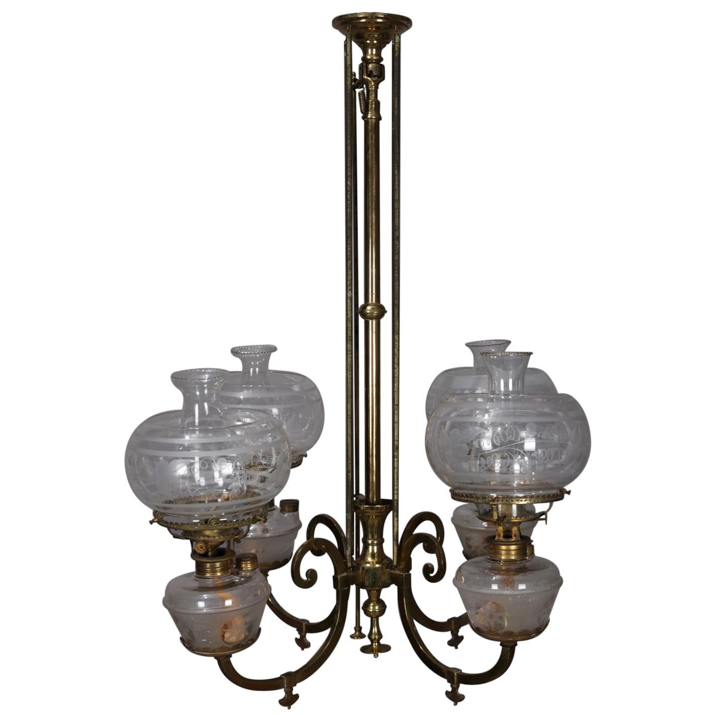 Early Brass Kerosene 4-Light Gas Chandelier, circa 1870