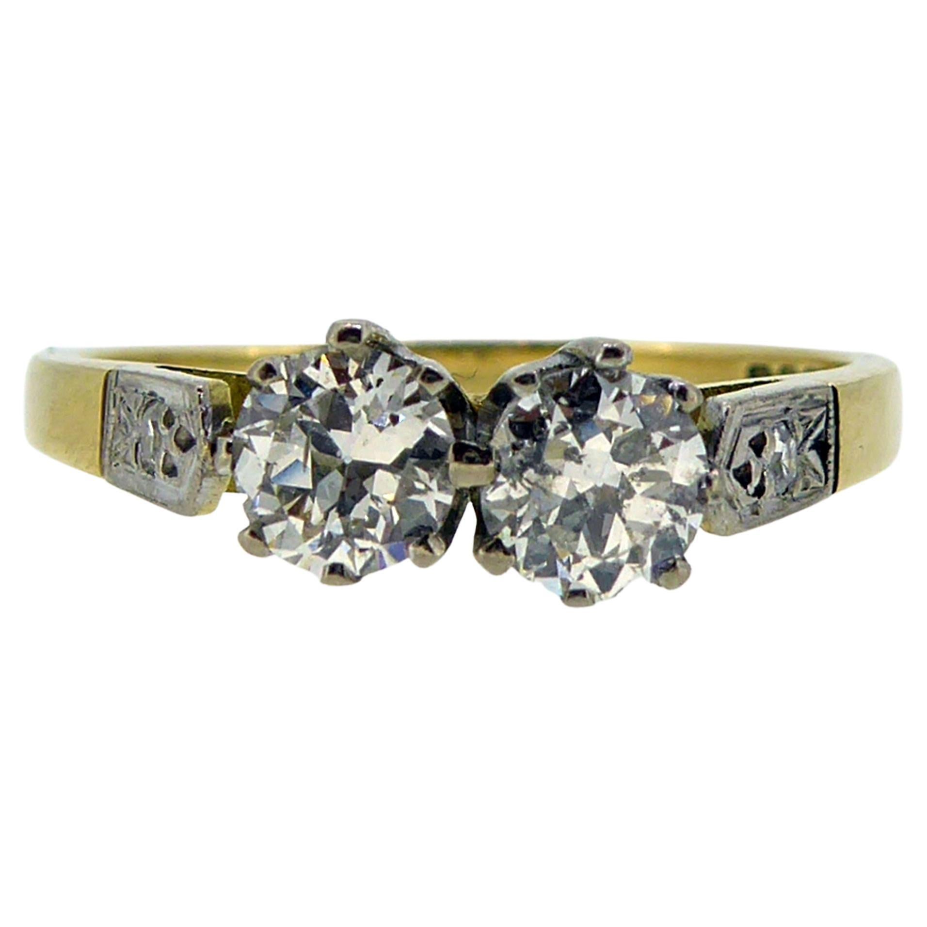Early Brilliant Cut Two Stone Diamond Ring, Diamond Shoulders