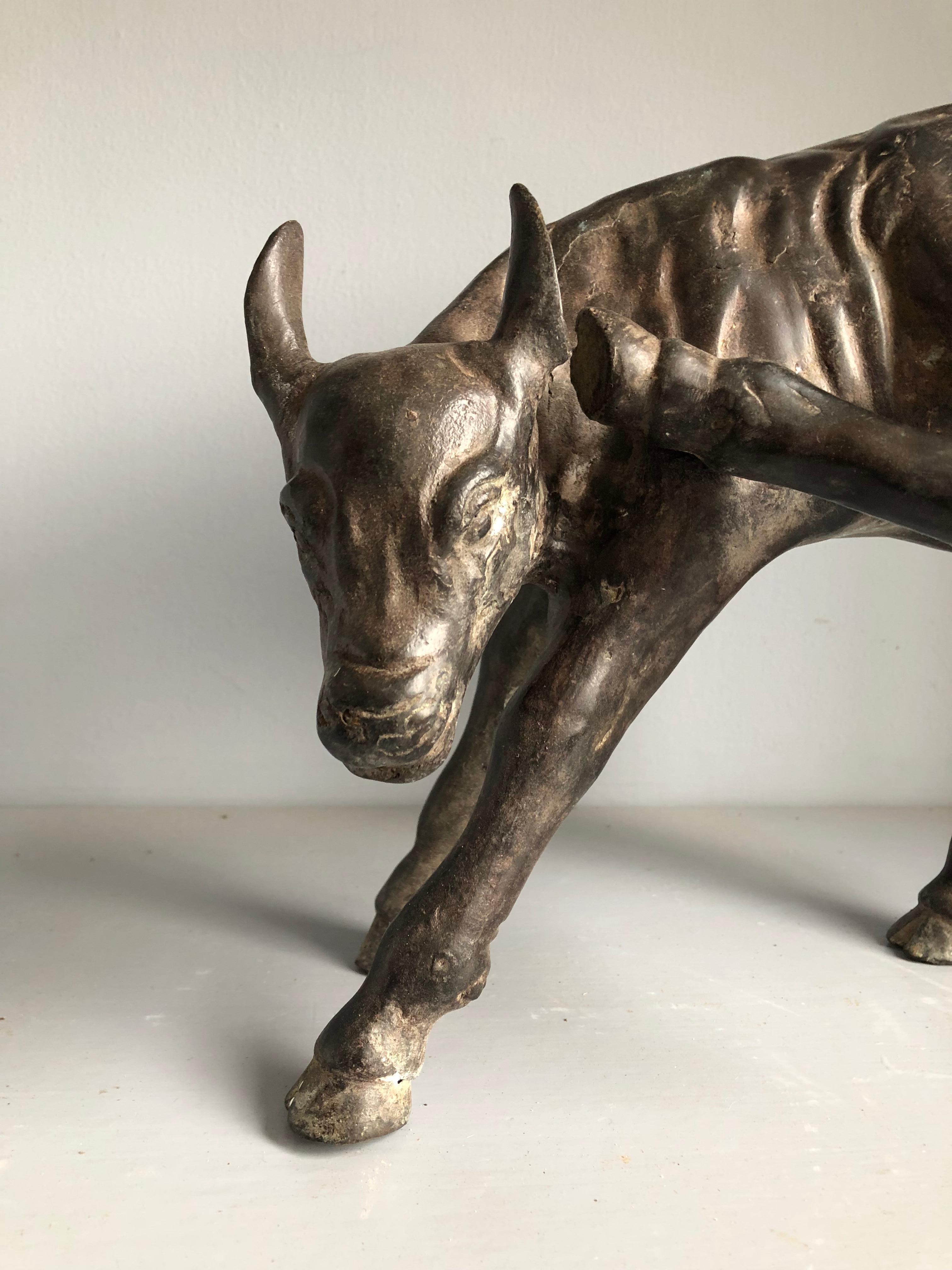 An early cast bronze sculpture of a calf scratching his ear with his hoof, 18th Century French, from the collection of Pierre Moulin, founder of the Pierre Deux shops and author of the French Country series of books.
