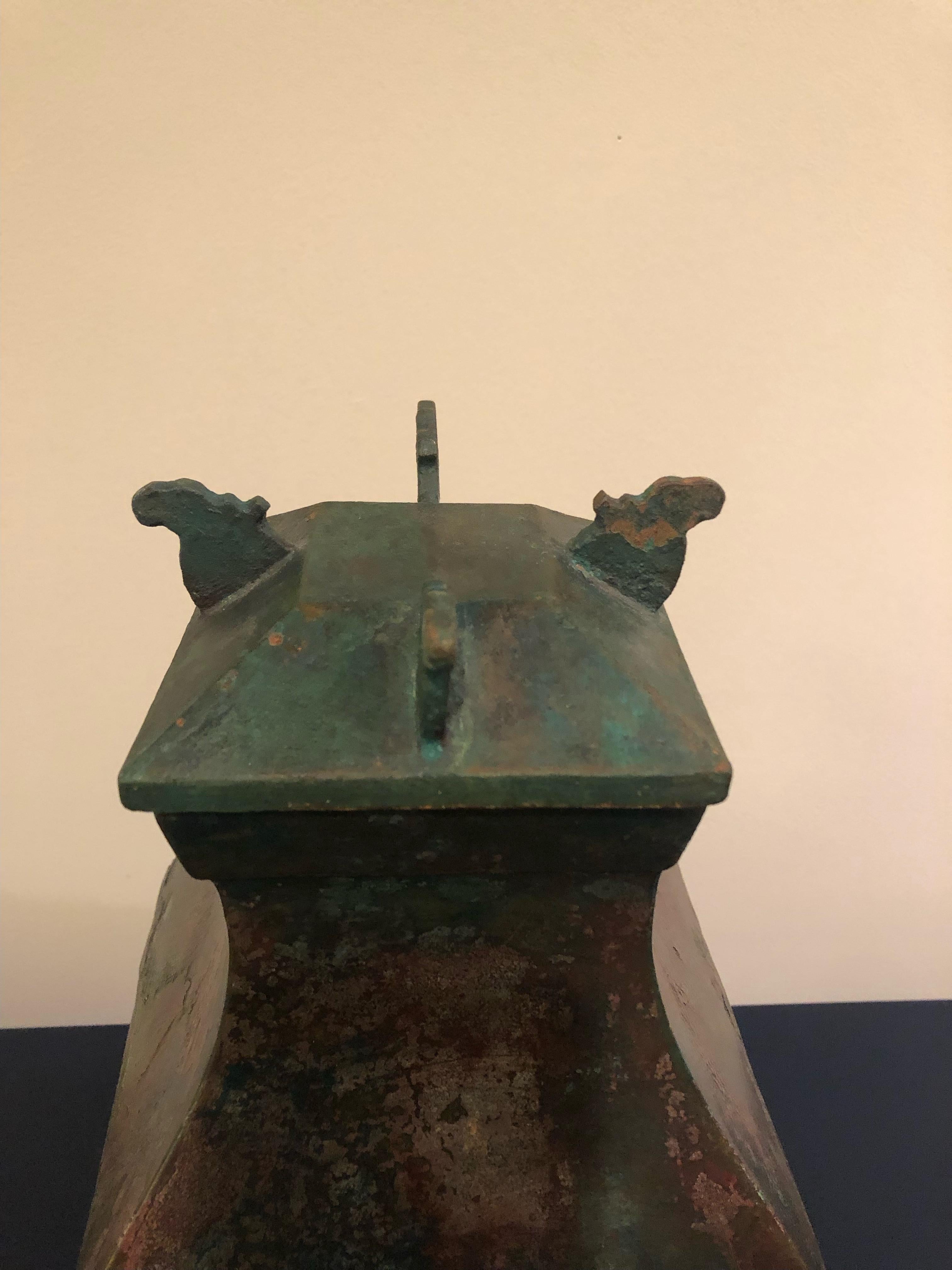 Early Bronze Fang Hu Ritual Wine Vessel Han Dynasty In Good Condition For Sale In Hopewell, NJ