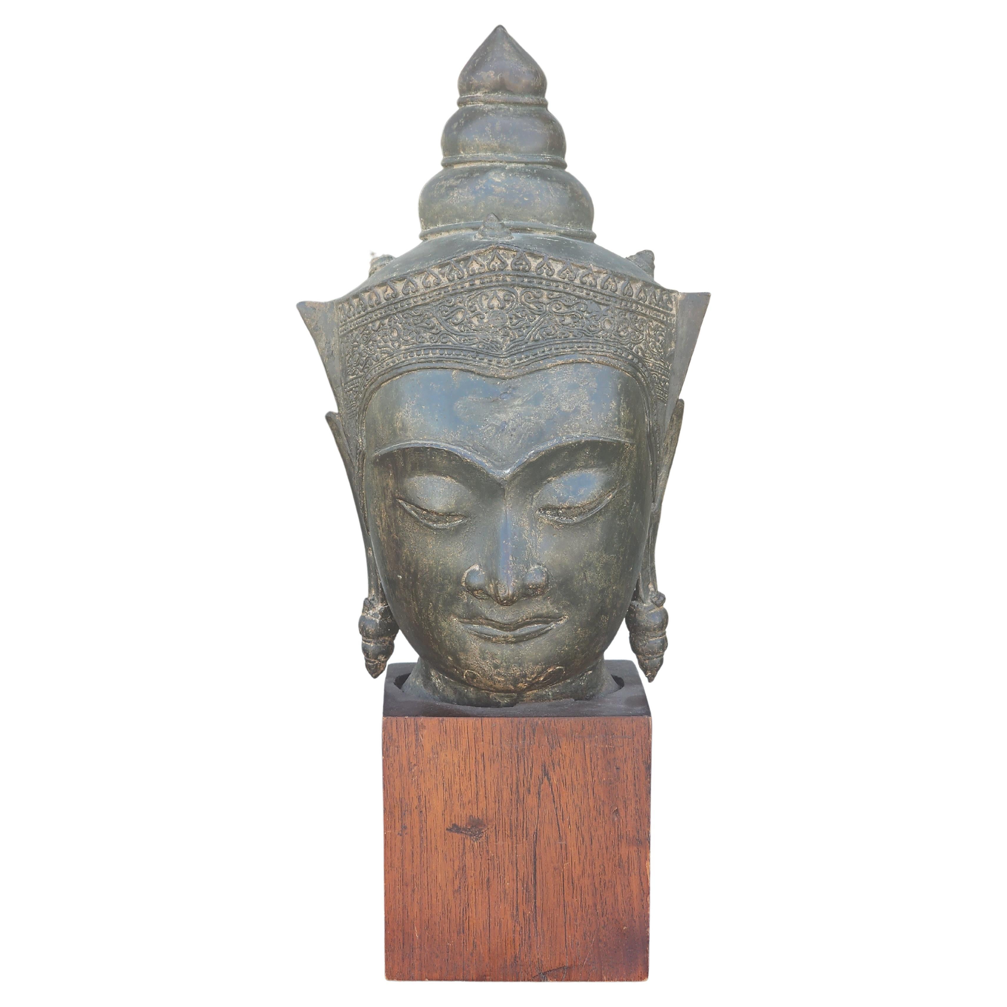 Early Bronze Thai Buddha Head Mounted on Block For Sale