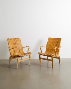 Early Bruno Mathsson "Eva" Wooden Armchairs in Birch & Patinated Leather, 1973