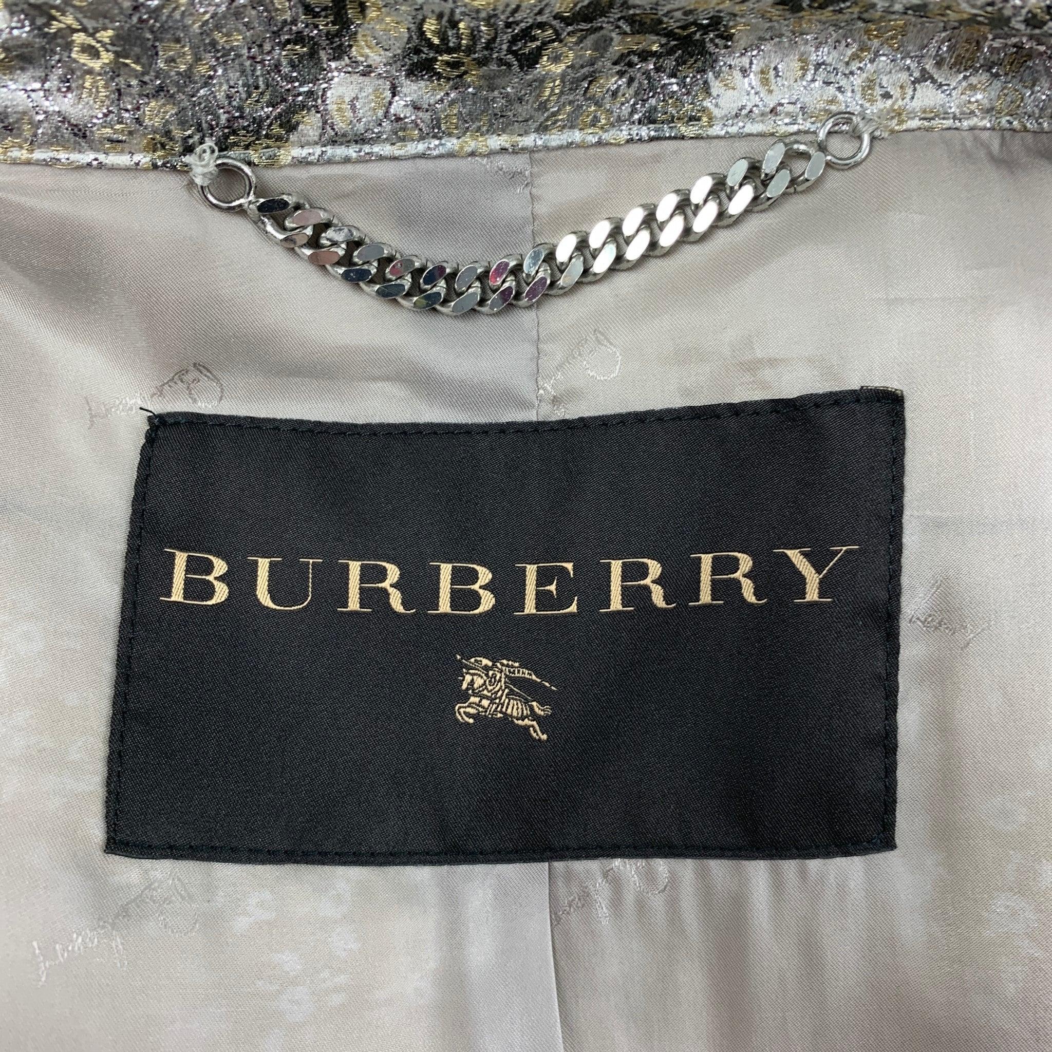 Early BURBERRY PRORSUM Size 6 Silver Metallic Jacquard Silk Blend Coat For Sale 2