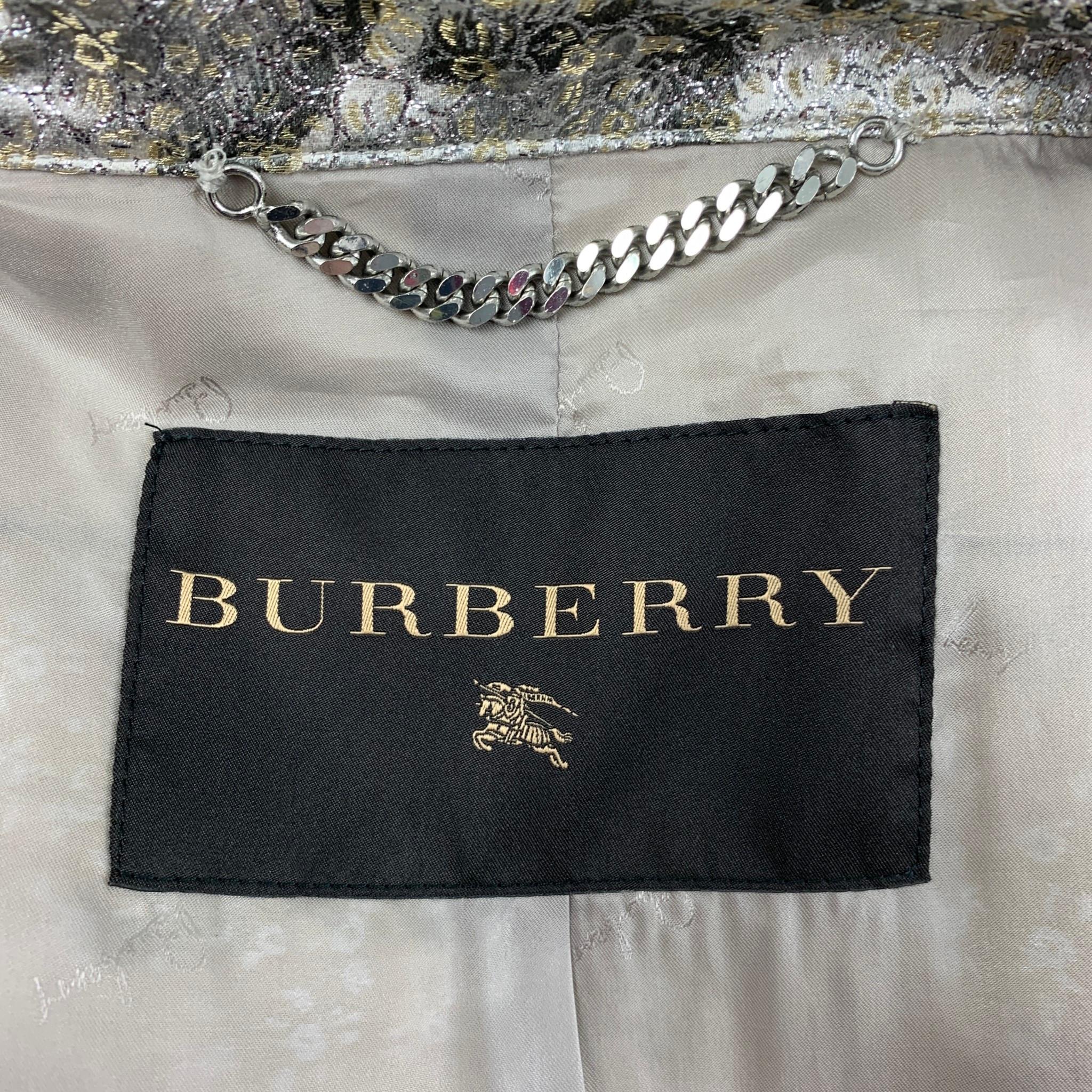 Brown Early BURBERRY PRORSUM Size 6 Silver Metallic Jacquard Silk Blend Coat