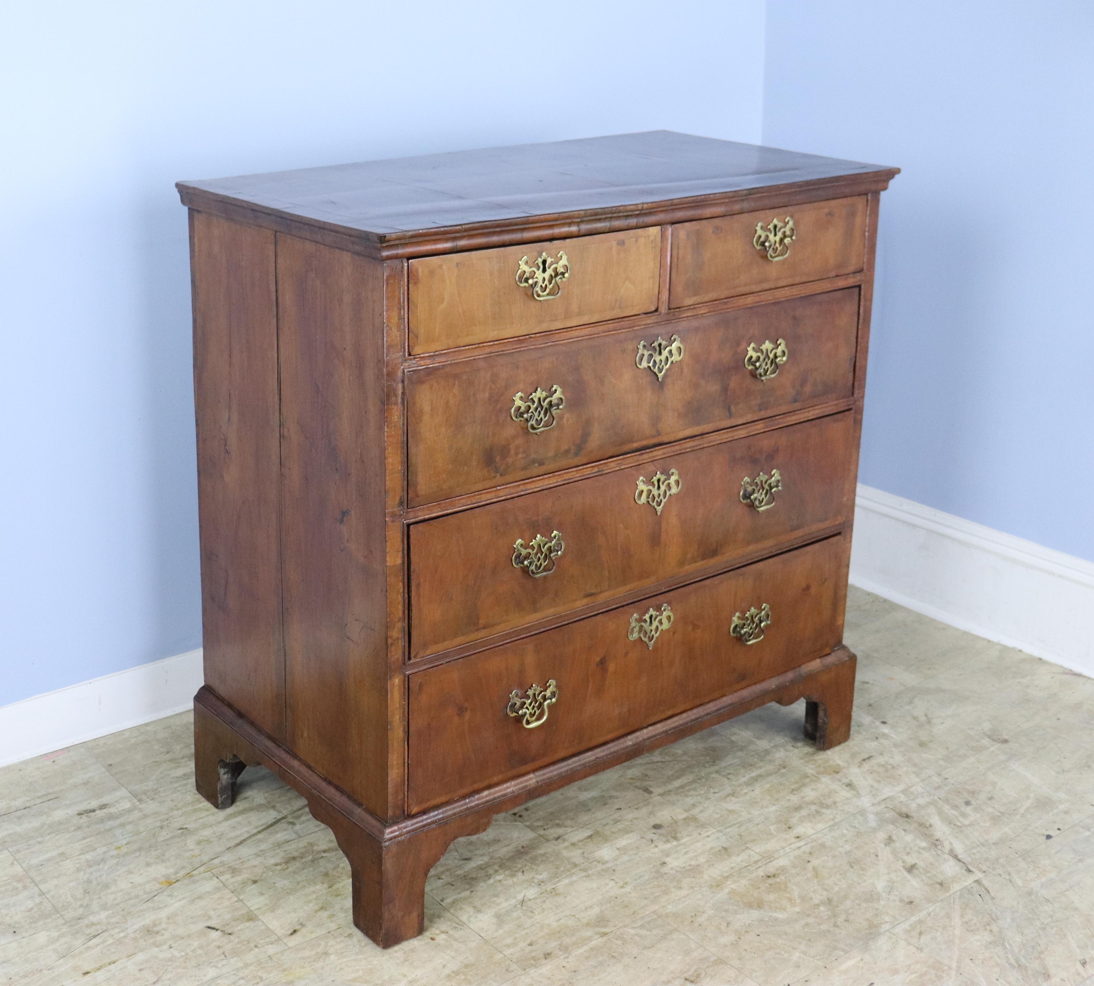 A splendid early burr walnut veneered chest with original brasses and period ogee feet.  The veneer has good patina and shine and some age appropriate wear, notably on the top, shown in thumbnails.  Classic 2 over 3 construction with nice mouldings