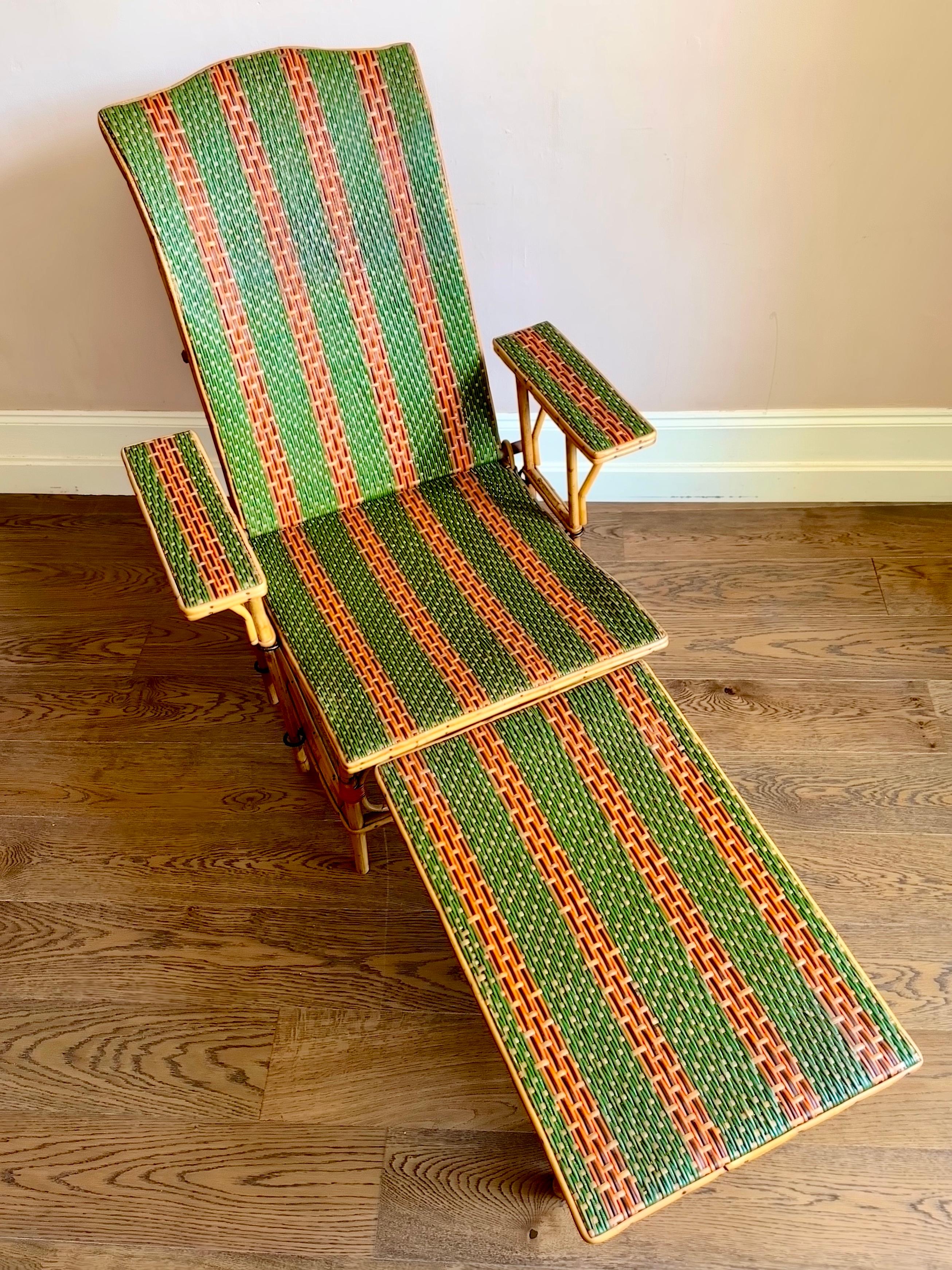 Art Deco Early C20th French Bamboo & Rattan Chaise Longue Sun Lounger For Sale