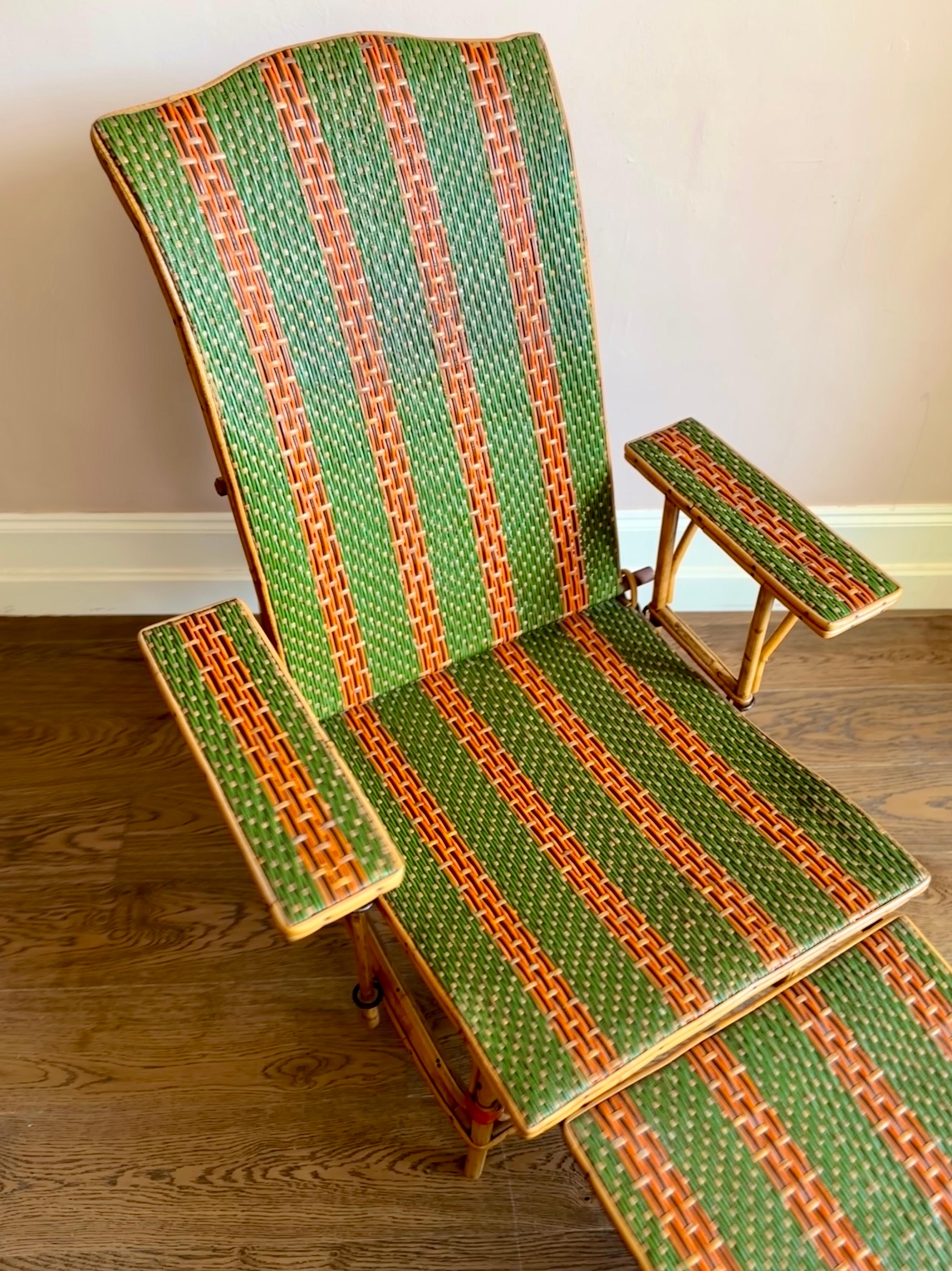 Hand-Woven Early C20th French Bamboo & Rattan Chaise Longue Sun Lounger For Sale