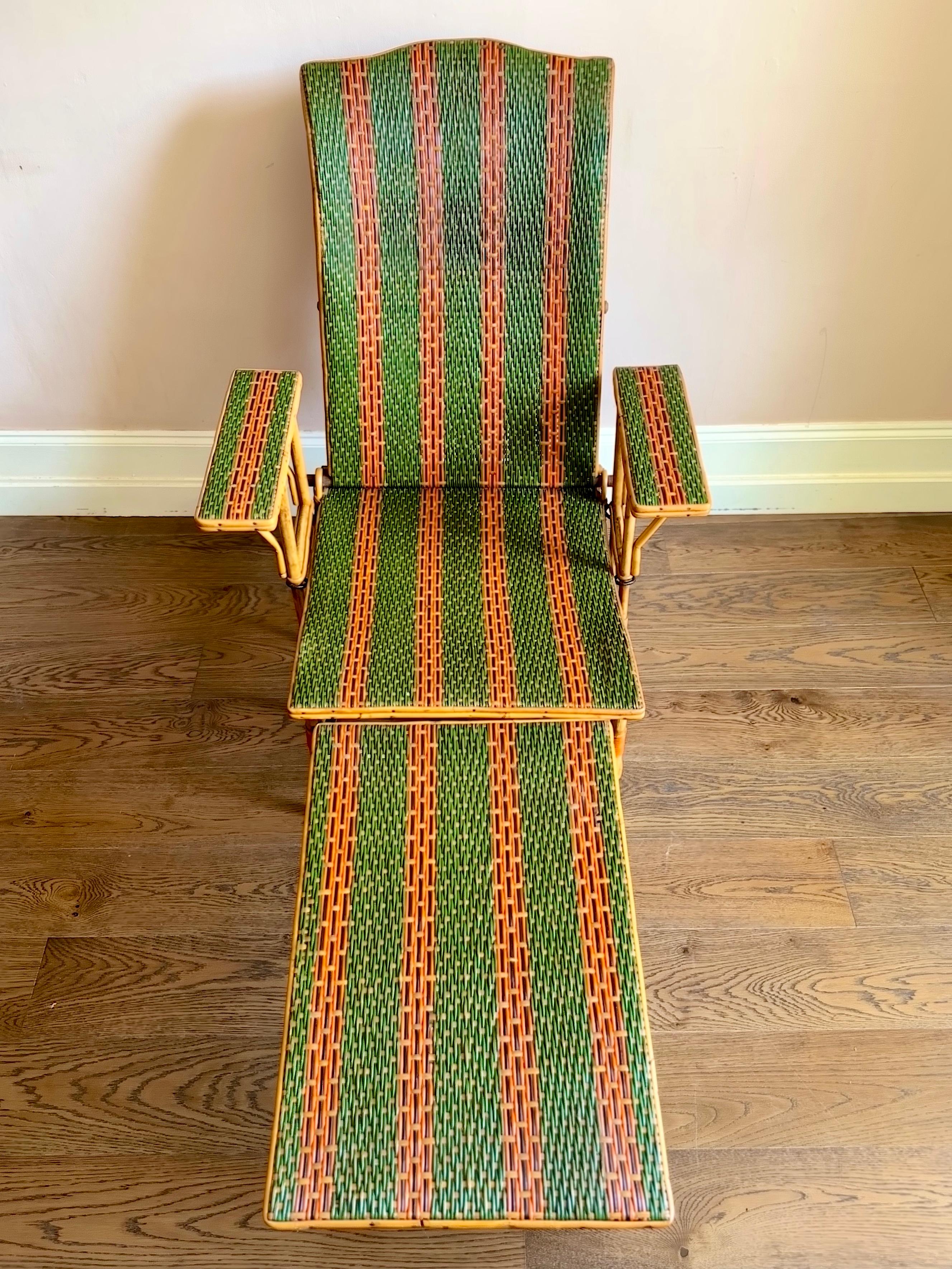 Early C20th French Bamboo & Rattan Chaise Longue Sun Lounger In Good Condition For Sale In London, GB