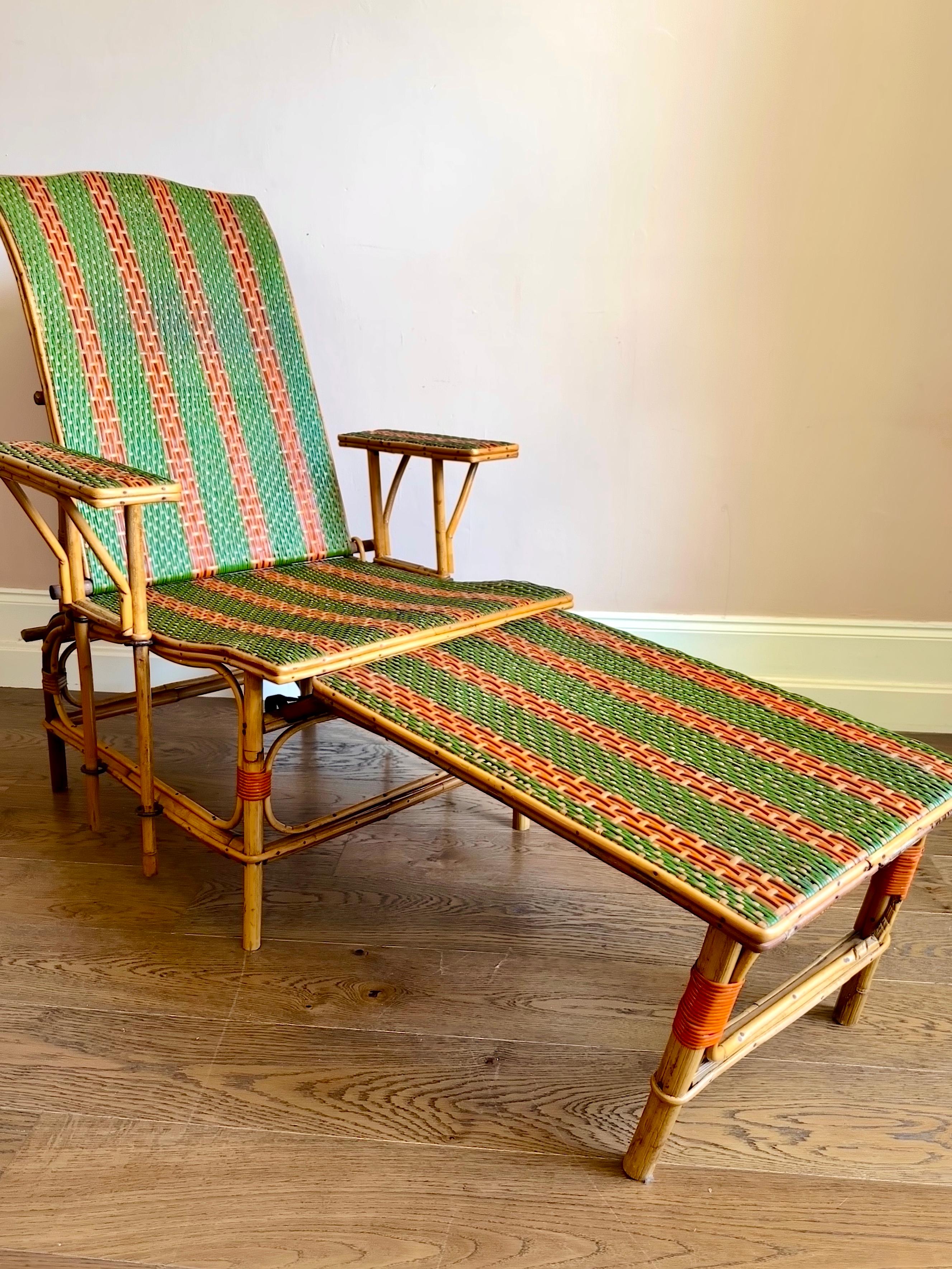 20th Century Early C20th French Bamboo & Rattan Chaise Longue Sun Lounger For Sale