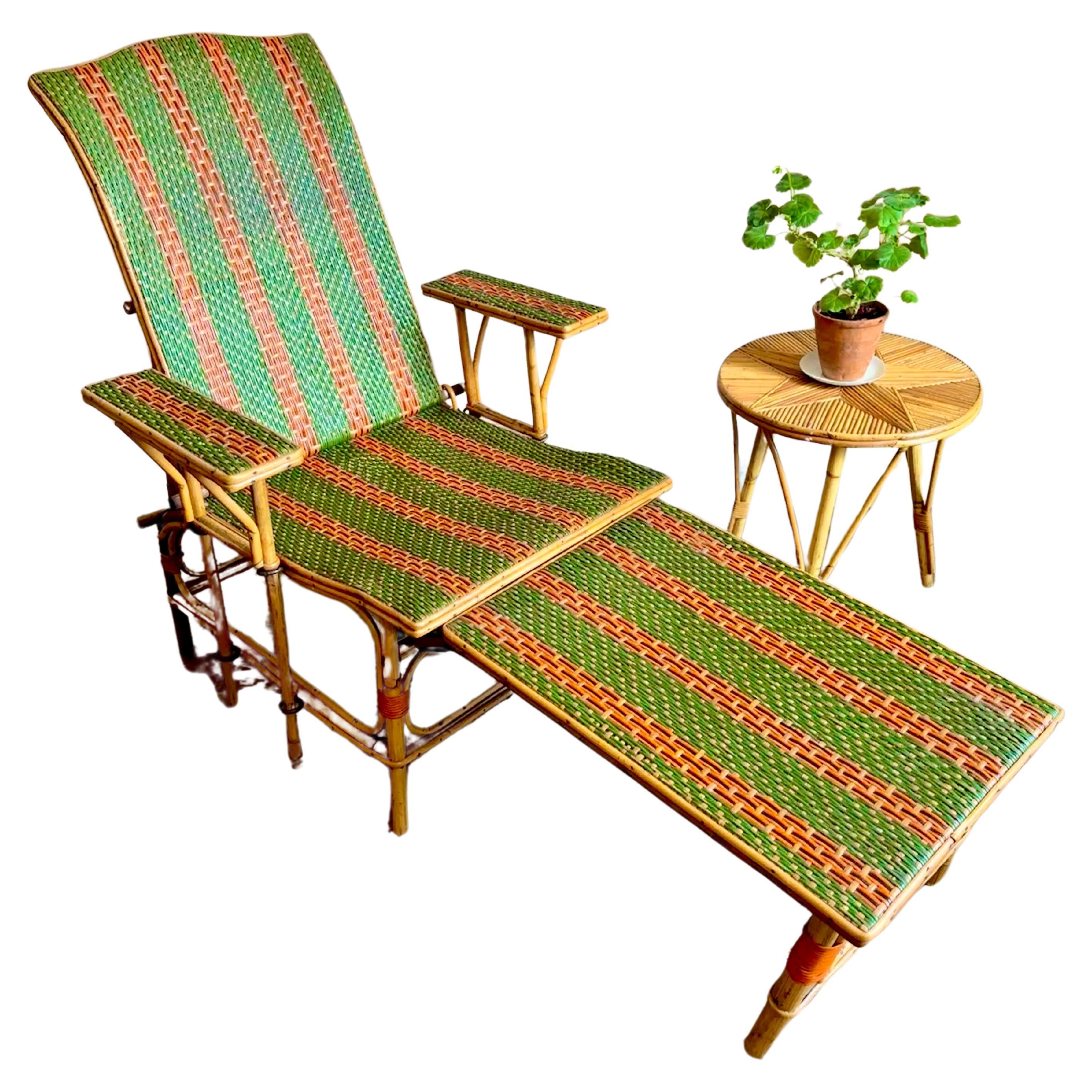 Early C20th French Bamboo & Rattan Chaise Longue Sun Lounger For Sale