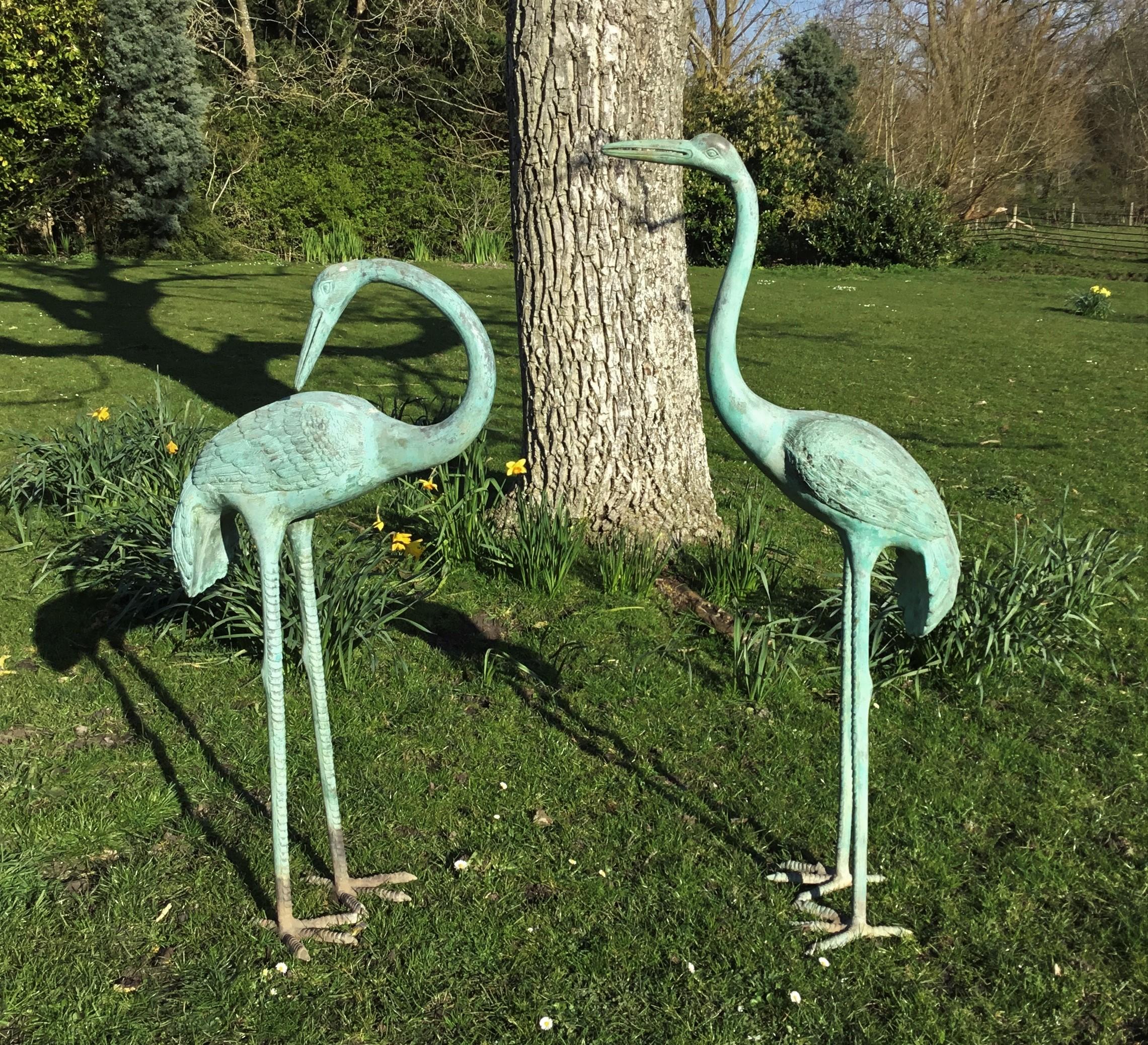 Cast Early 20th Century Large Pair of Japanese Bronze Life-Size Cranes For Sale