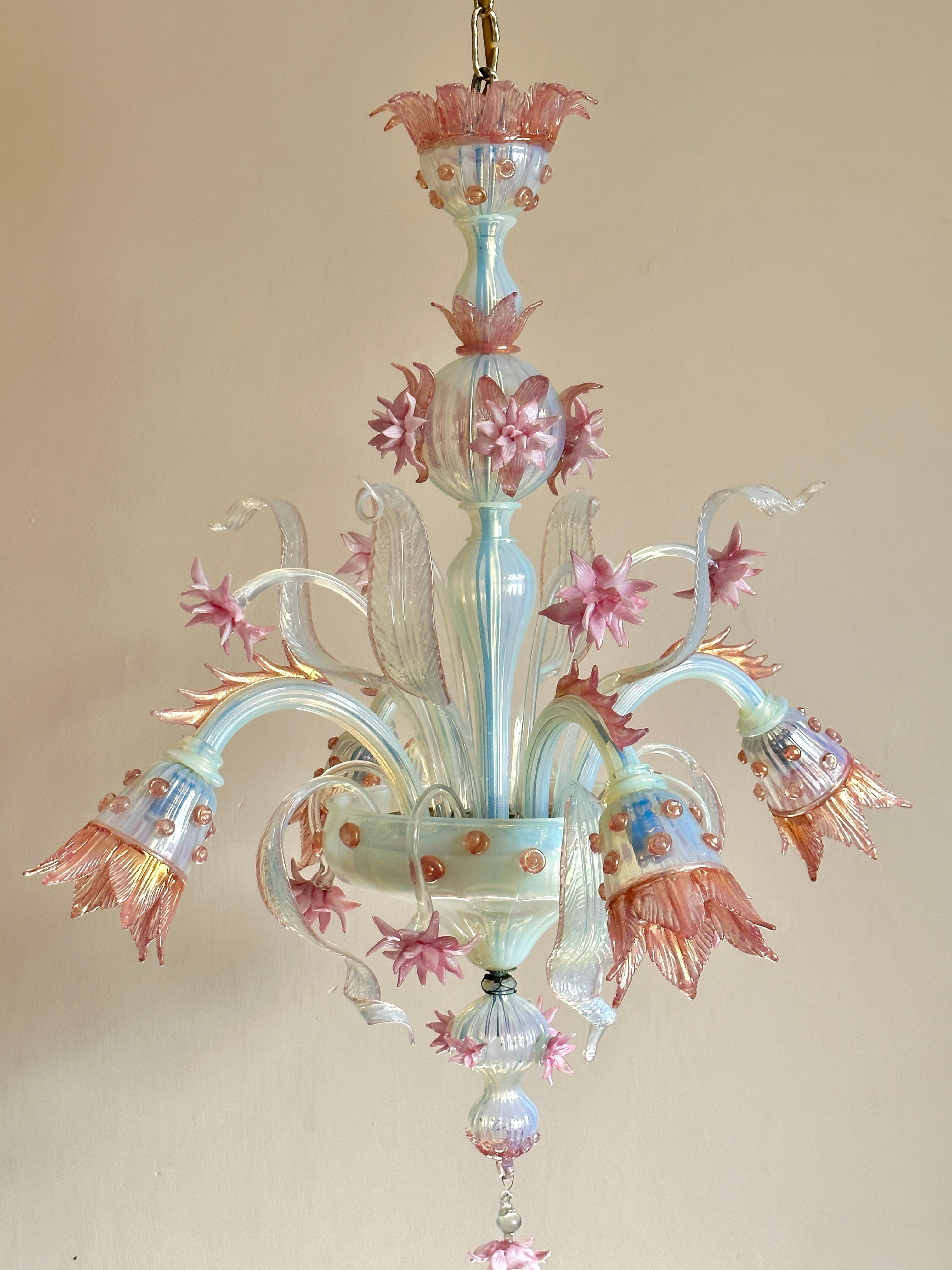 Rococo Revival Early C20th Murano Opaline Glass Chandelier For Sale
